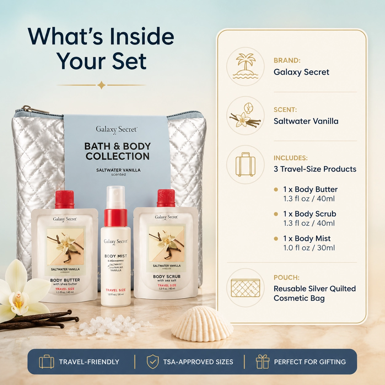 Oem /odm 3pcs Saltwater Vanilla Bath & Body Travel Set Body Butter Scrub Mist With Sliver Cosmetic Pouch