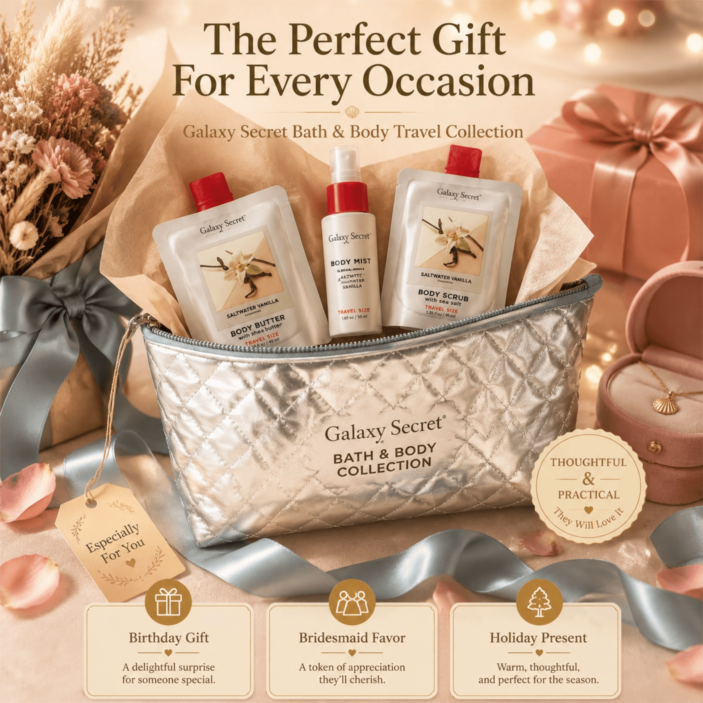 Oem /odm 3pcs Saltwater Vanilla Bath & Body Travel Set Body Butter Scrub Mist With Sliver Cosmetic Pouch