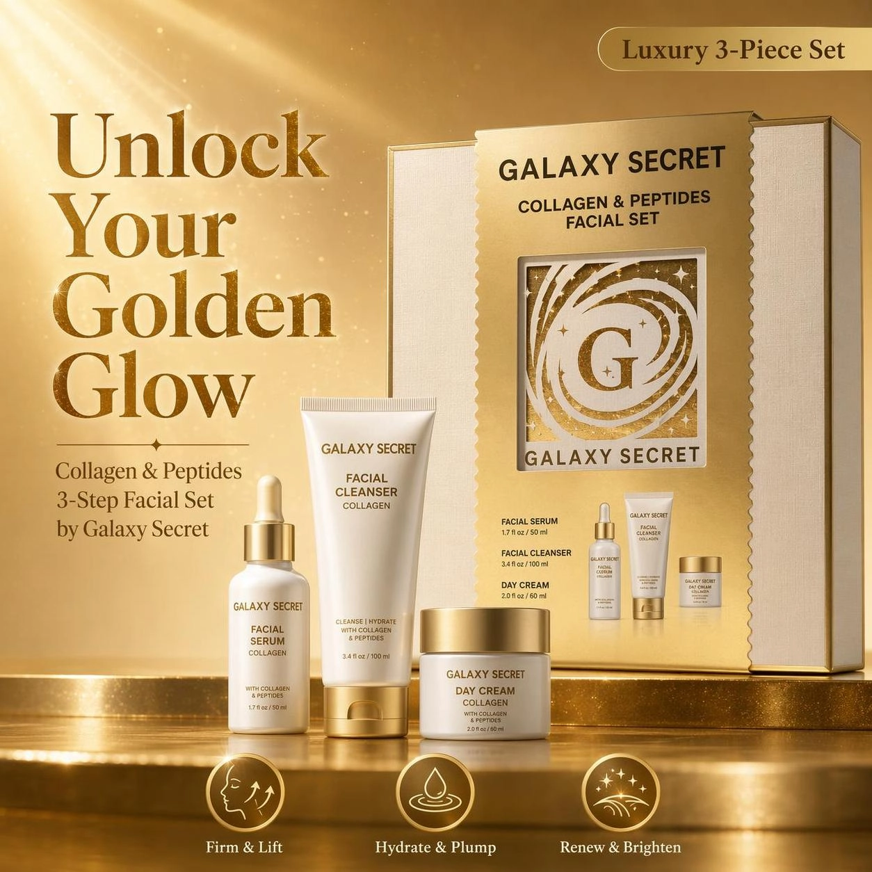Oem Odm 3pcs Golden Skincare Gift Set Collagen Cleanser Serum Moisturizer Daily Glow Routine Kit