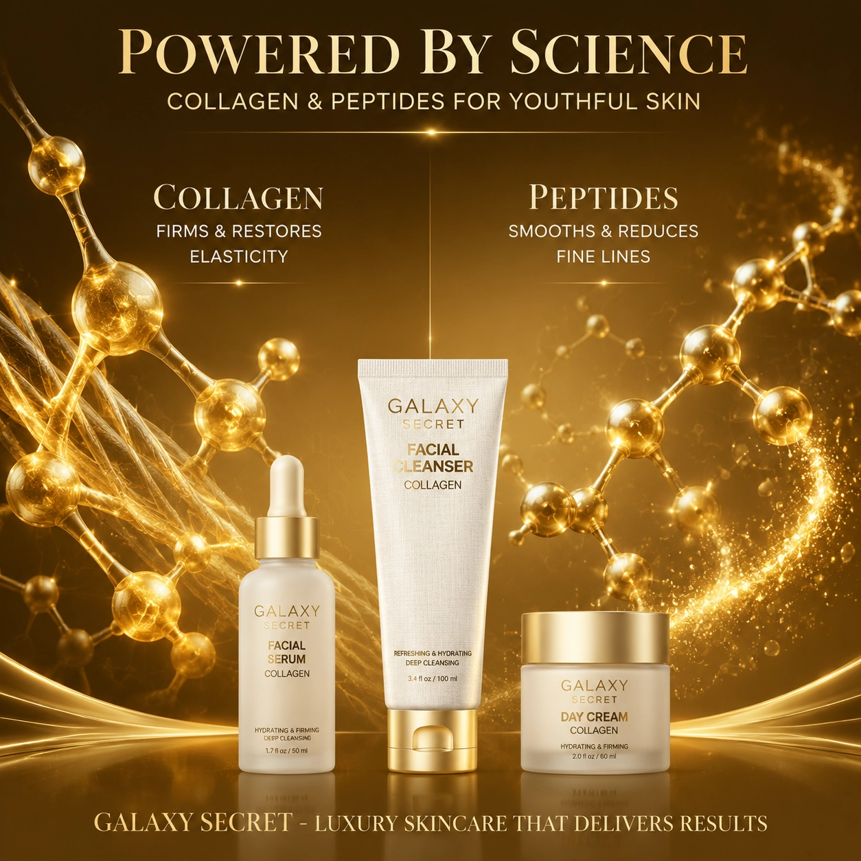 Oem Odm 3pcs Golden Skincare Gift Set Collagen Cleanser Serum Moisturizer Daily Glow Routine Kit