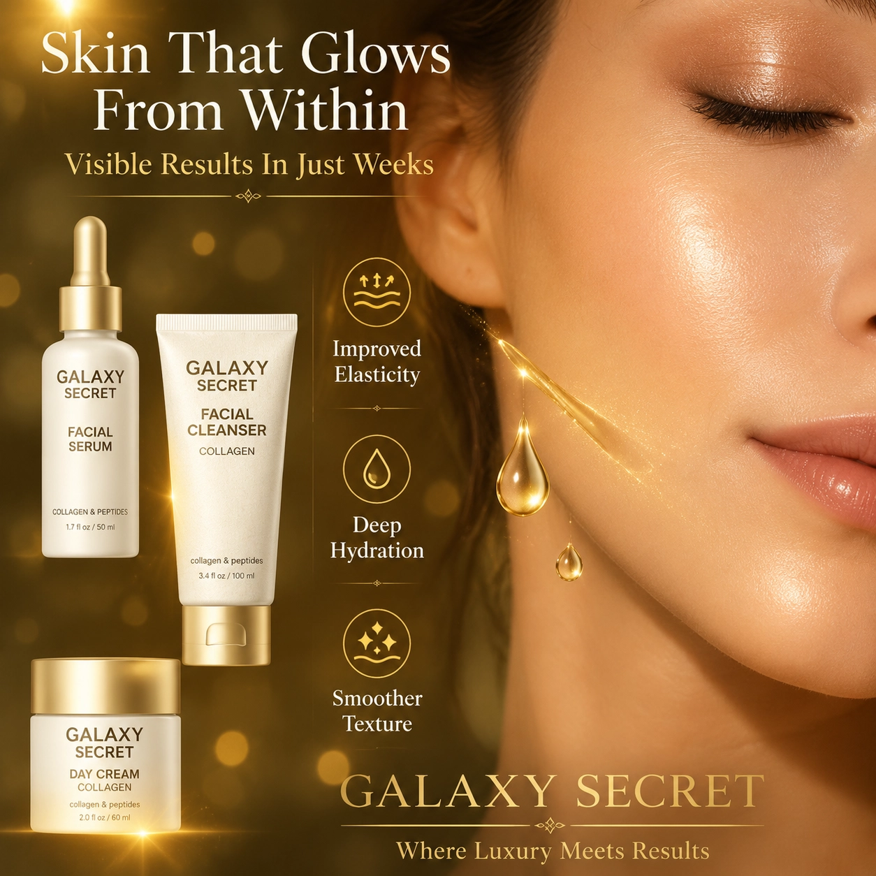 Oem Odm 3pcs Golden Skincare Gift Set Collagen Cleanser Serum Moisturizer Daily Glow Routine Kit