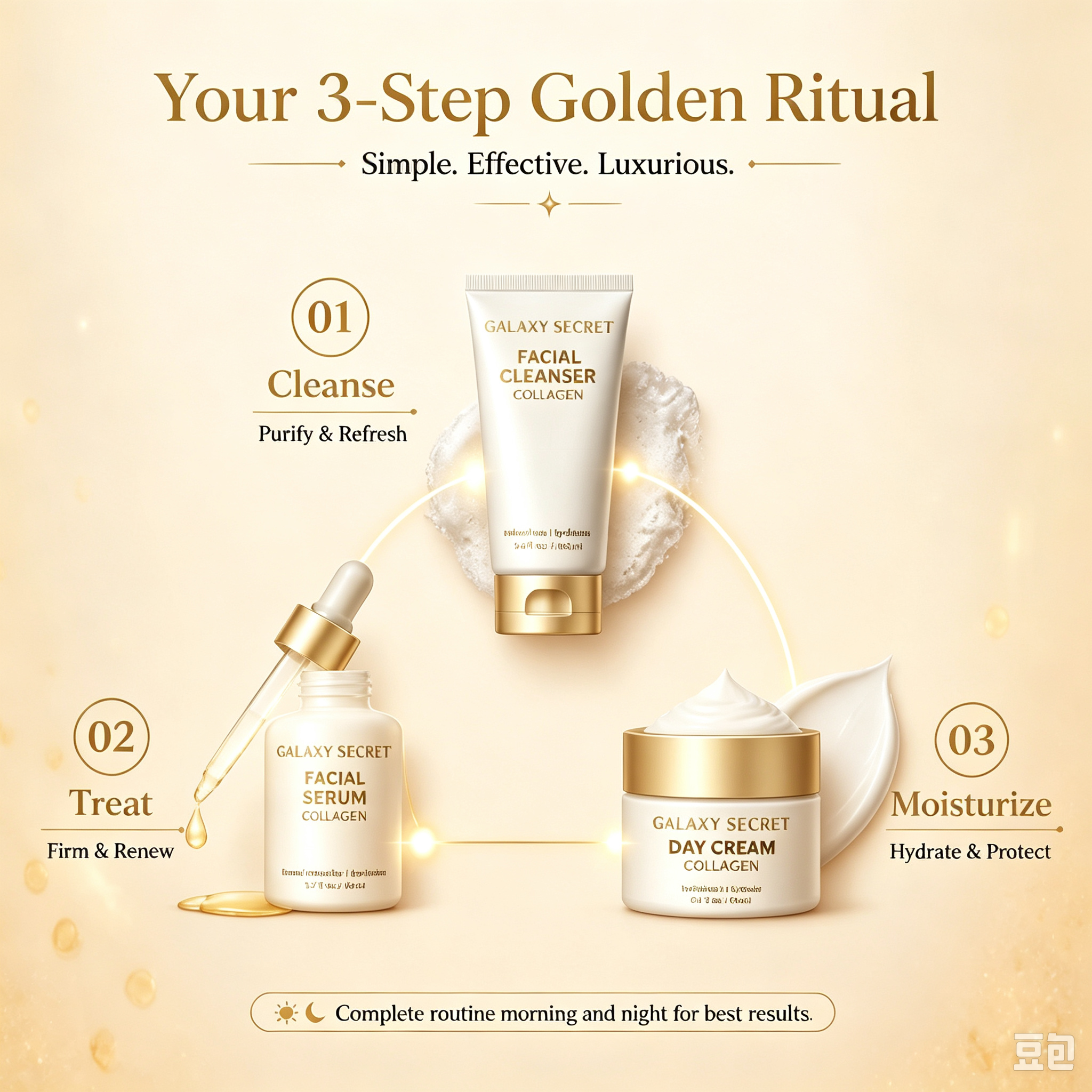 Oem Odm 3pcs Golden Skincare Gift Set Collagen Cleanser Serum Moisturizer Daily Glow Routine Kit