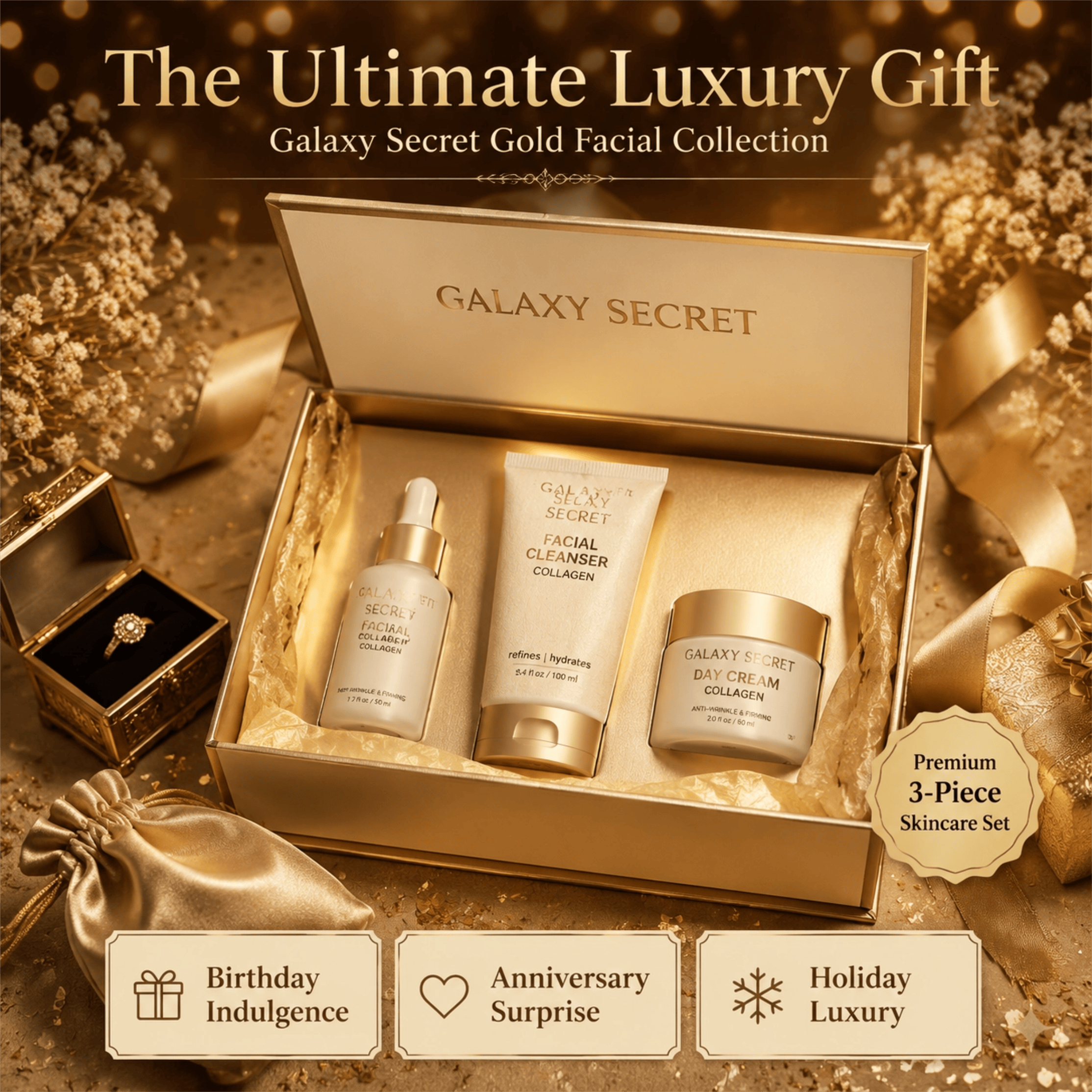 Oem Odm 3pcs Golden Skincare Gift Set Collagen Cleanser Serum Moisturizer Daily Glow Routine Kit
