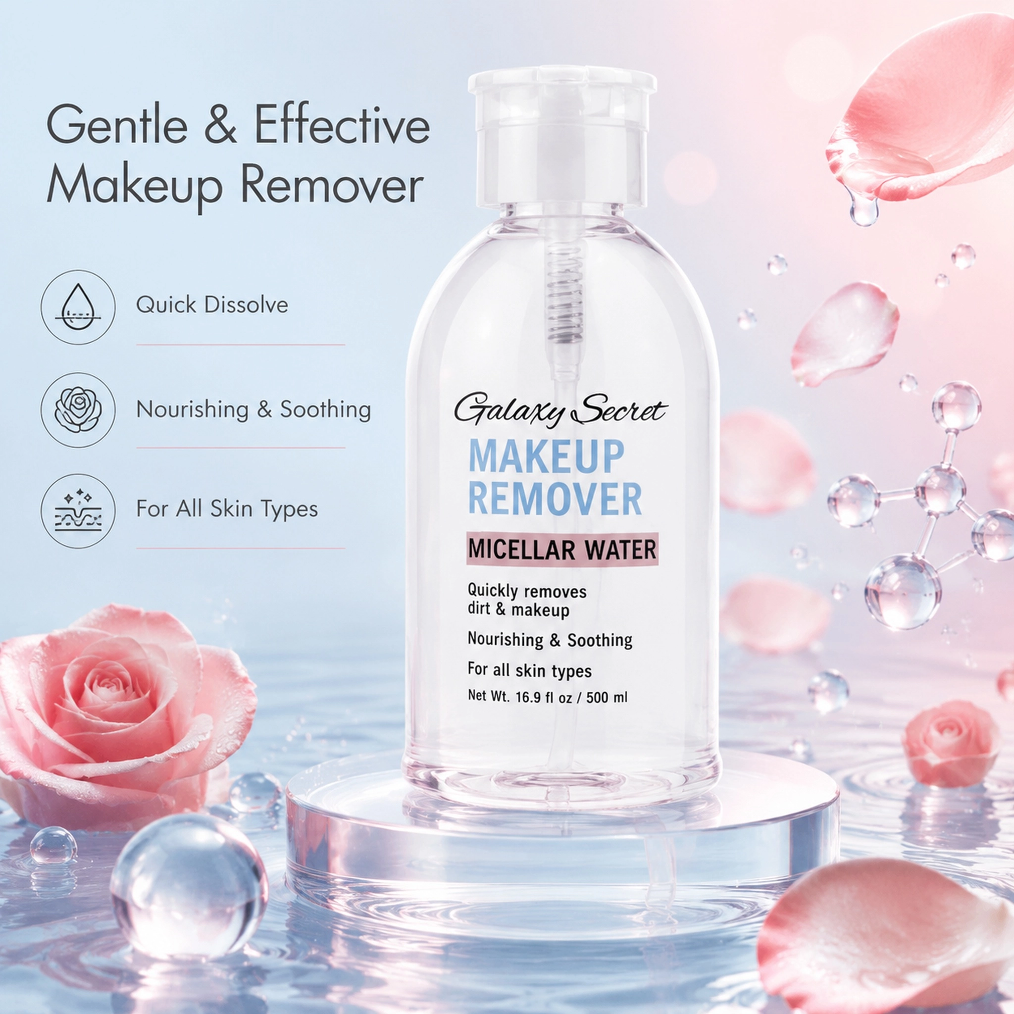 Micellar Water Makeup Remover 500ml Gentle Rose No Rinse Cleansing Water Private Label Facial Remover For All Skin Types