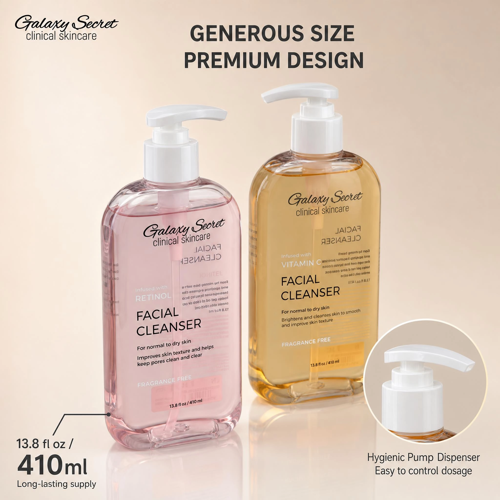 Galaxy Secret Facial Cleanser 410ml Retinol & Vitamin C Fragrance Free Gentle Daily Cleansing For Normal To Dry Skin