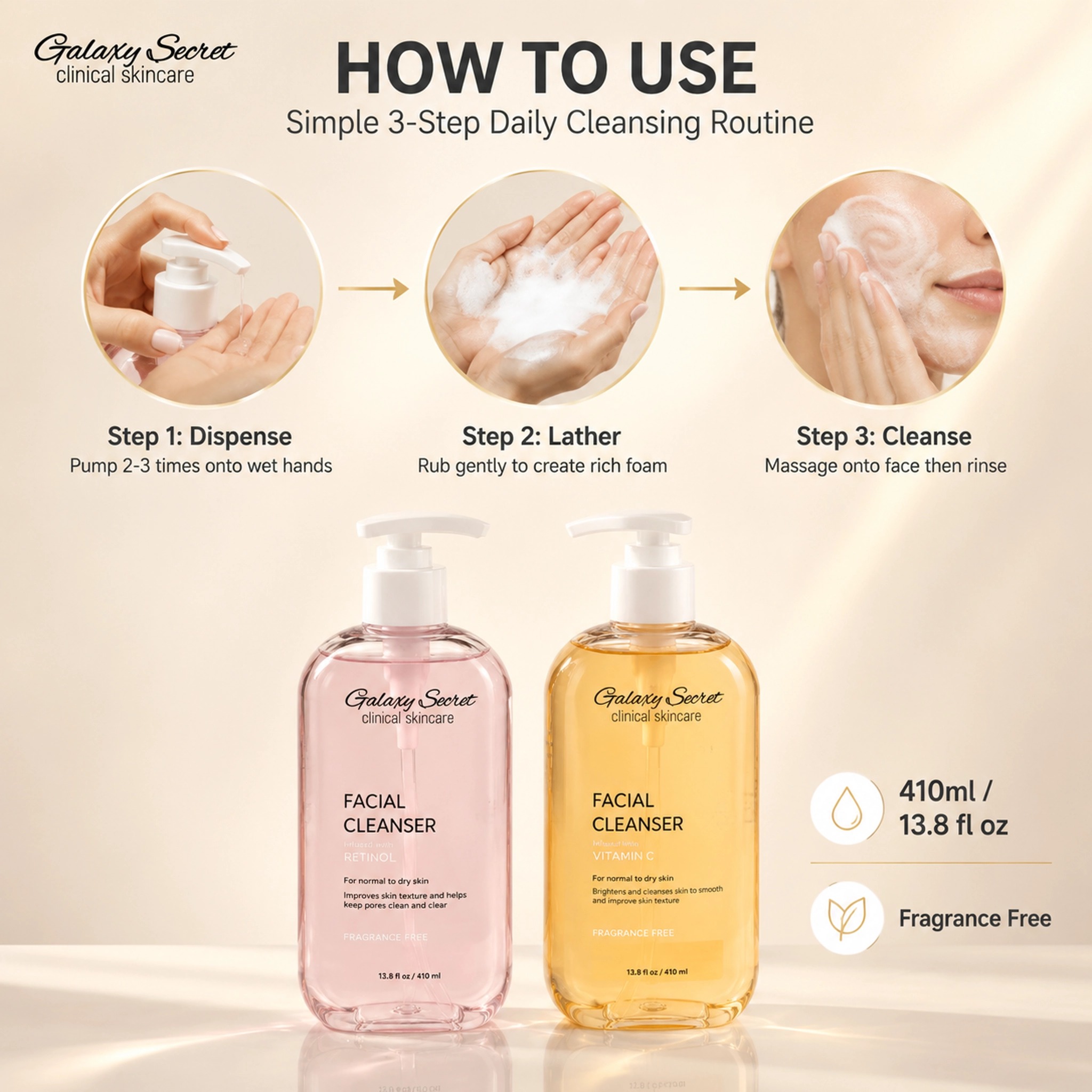 Galaxy Secret Facial Cleanser 410ml Retinol & Vitamin C Fragrance Free Gentle Daily Cleansing For Normal To Dry Skin