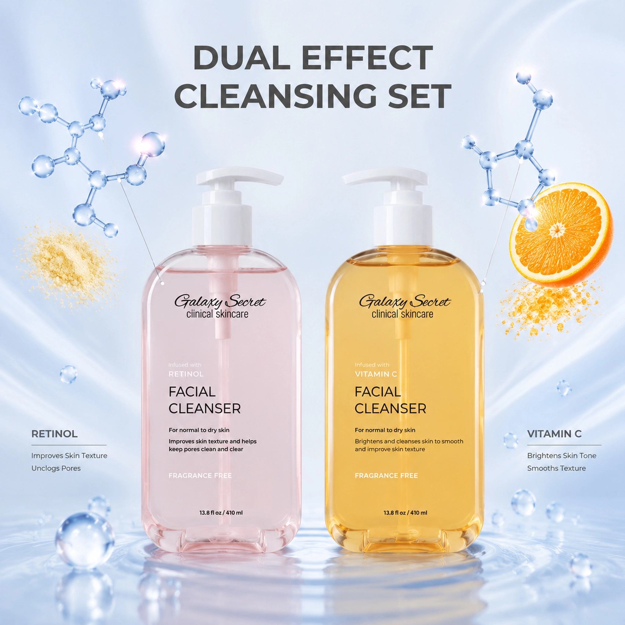 Galaxy Secret Facial Cleanser 410ml Retinol & Vitamin C Fragrance Free Gentle Daily Cleansing For Normal To Dry Skin