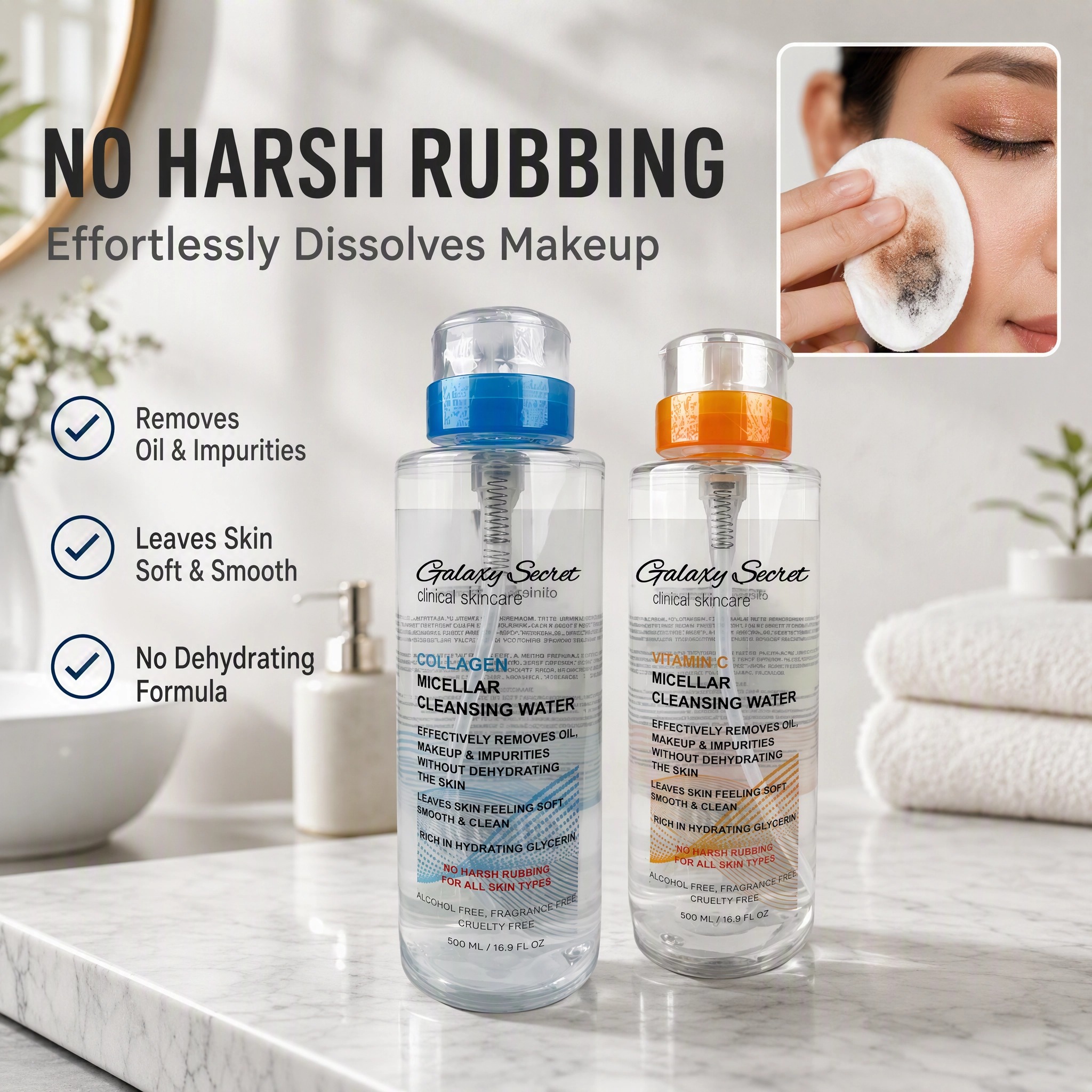 Micellar Cleansing Water 500ml Collagen Vitamin C Alcohol Free Hydrating Makeup Remover Private Label Custom Logo Wholesale