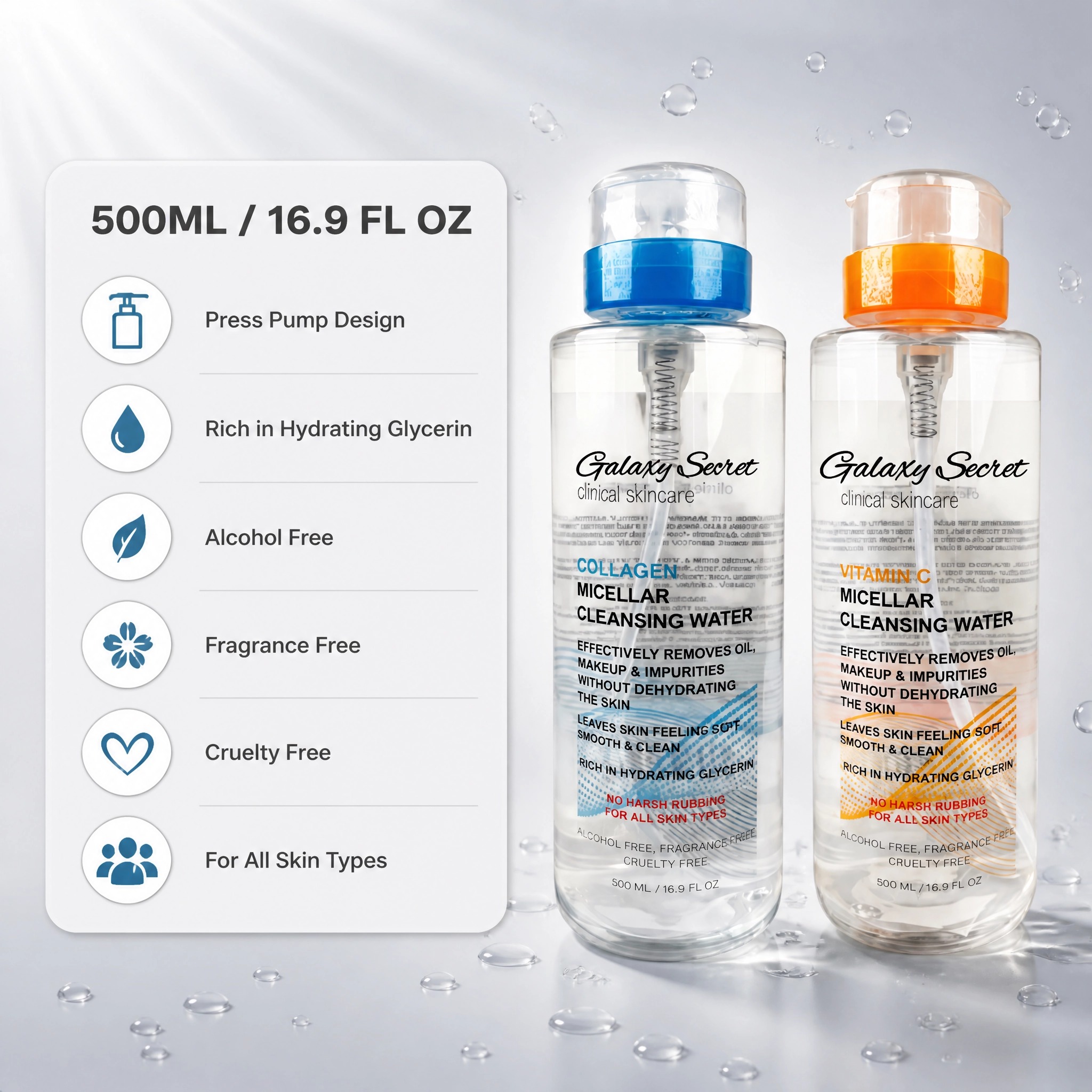 Micellar Cleansing Water 500ml Collagen Vitamin C Alcohol Free Hydrating Makeup Remover Private Label Custom Logo Wholesale