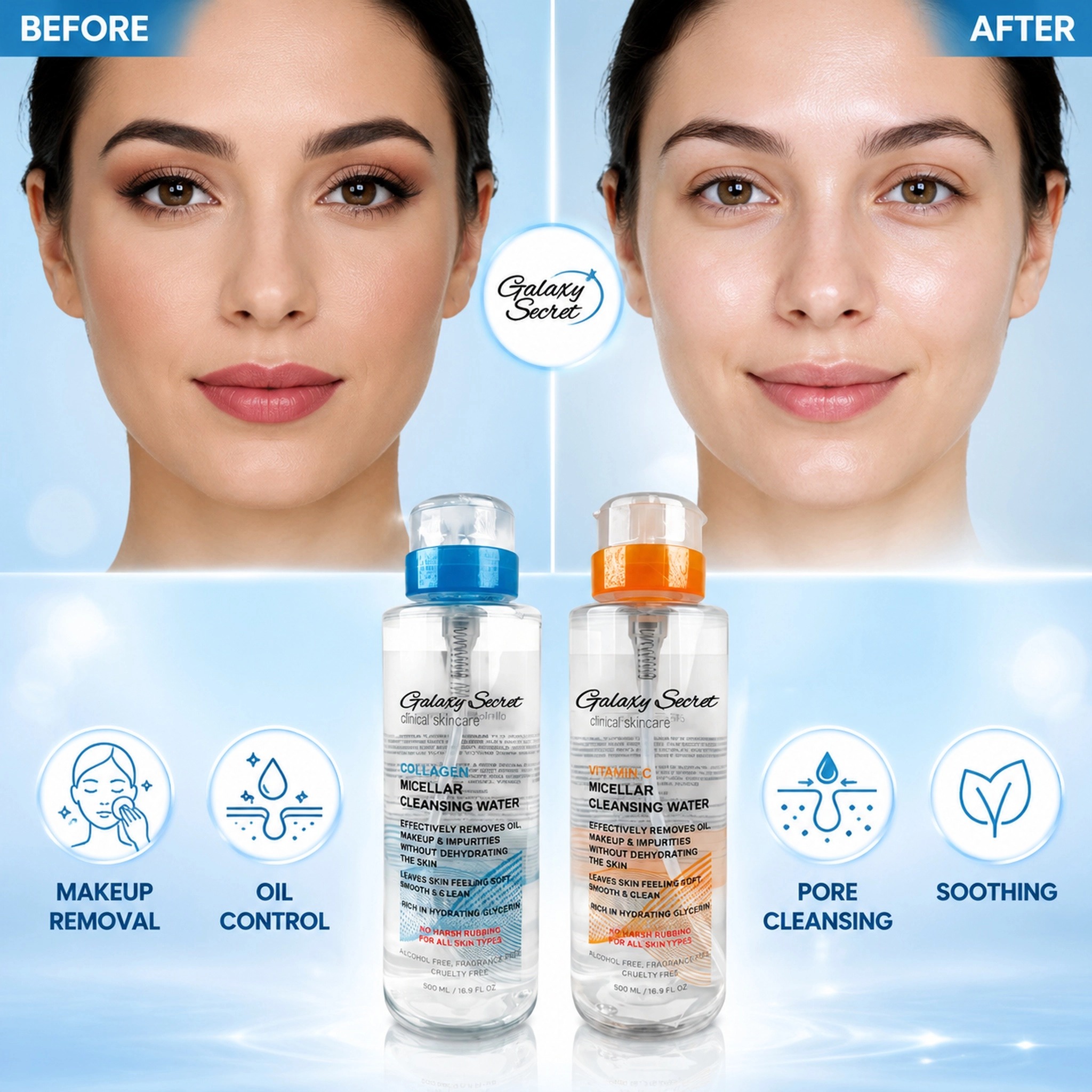 Micellar Cleansing Water 500ml Collagen Vitamin C Alcohol Free Hydrating Makeup Remover Private Label Custom Logo Wholesale
