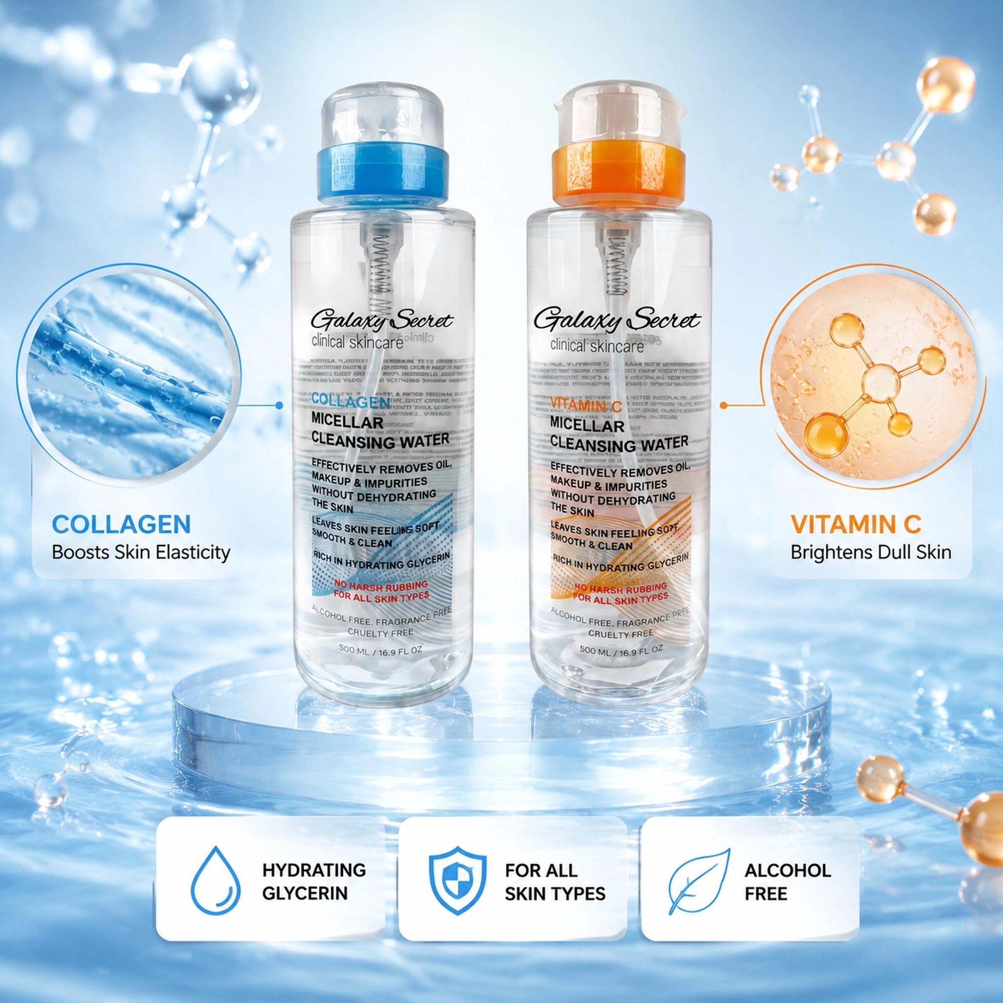 Micellar Cleansing Water 500ml Collagen Vitamin C Alcohol Free Hydrating Makeup Remover Private Label Custom Logo Wholesale