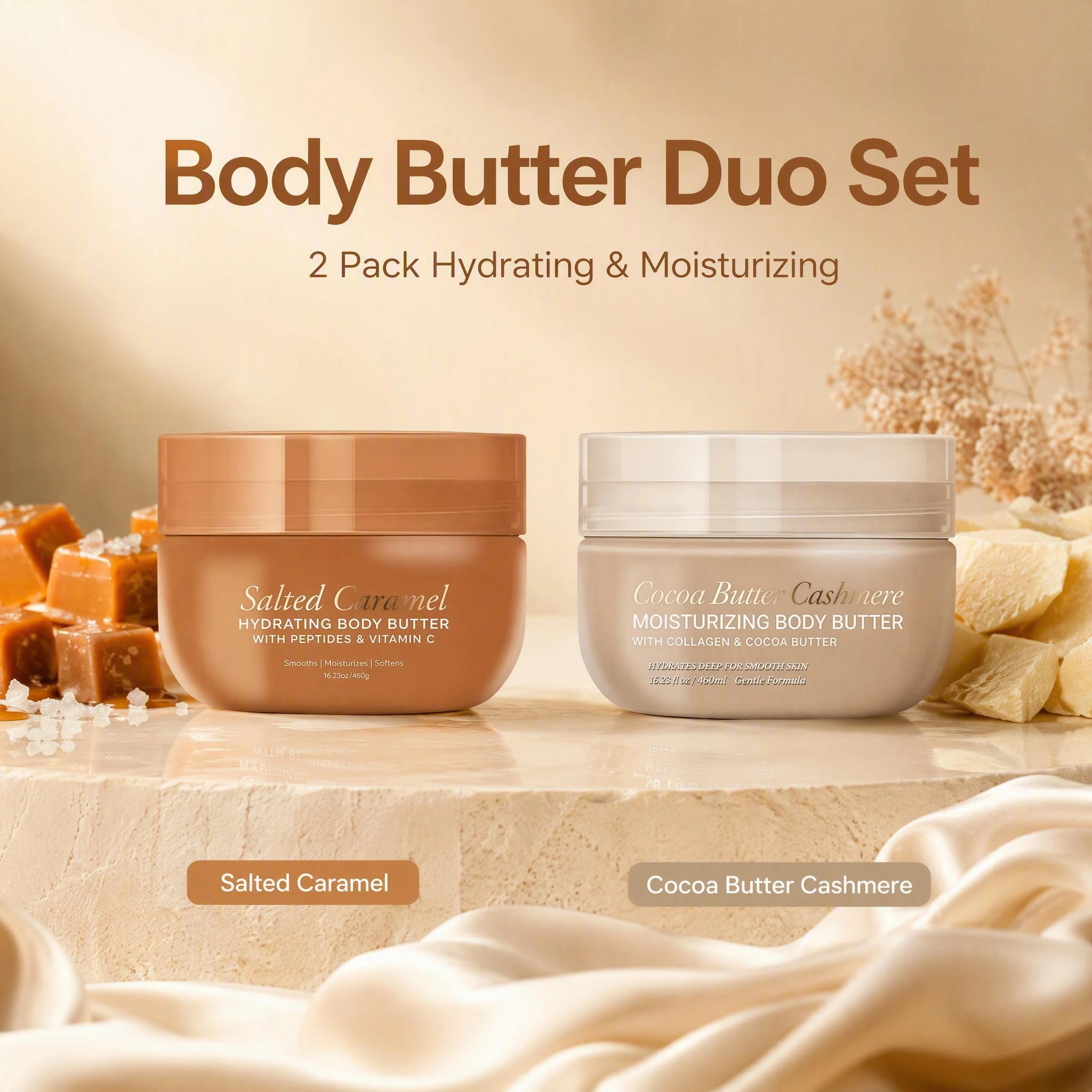 Body Butter 460g Salted Caramel & Cocoa Cashmere Hydrating Moisturizer Vitamin C Collagen Peptides Private Label Custom Logo