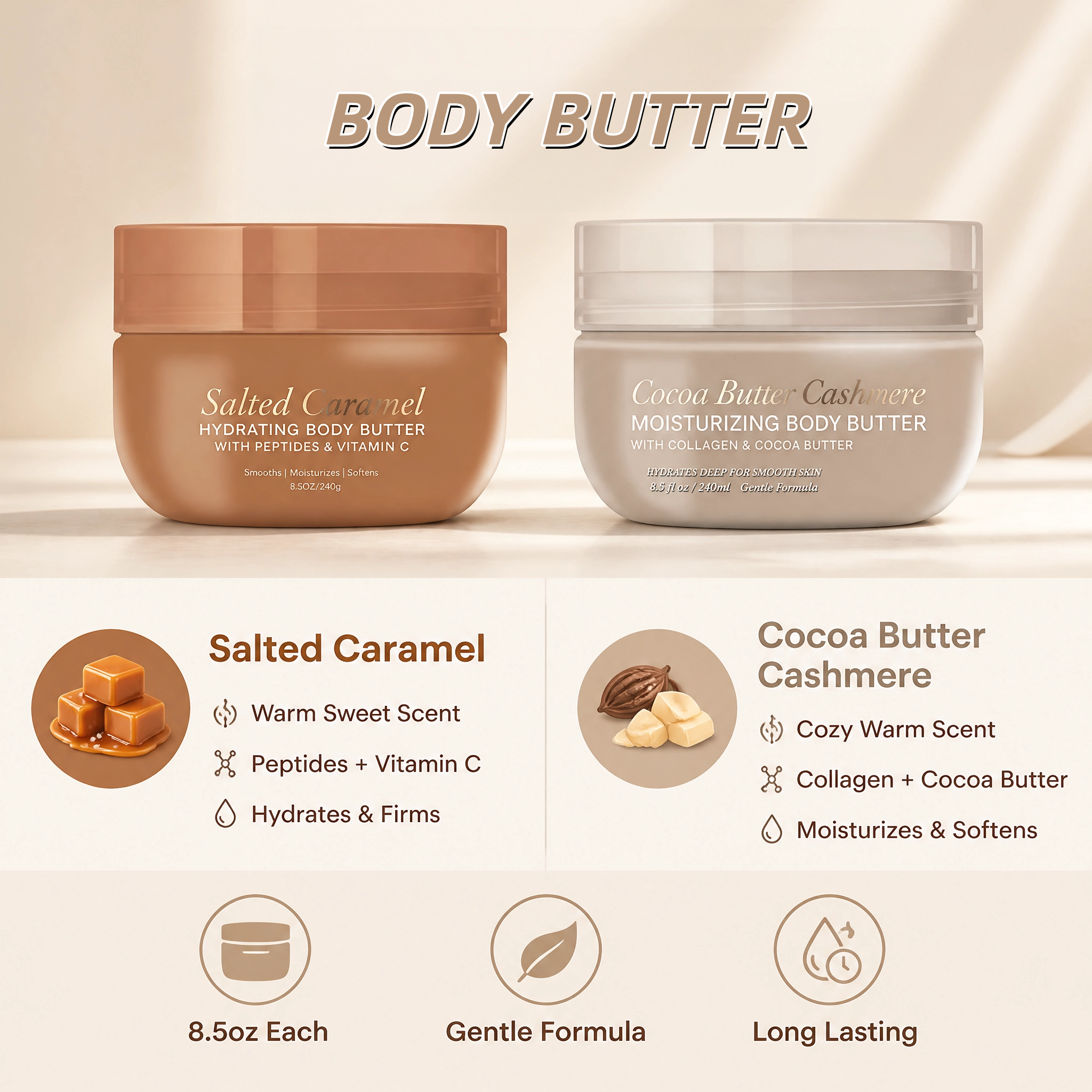 Body Butter 460g Salted Caramel & Cocoa Cashmere Hydrating Moisturizer Vitamin C Collagen Peptides Private Label Custom Logo