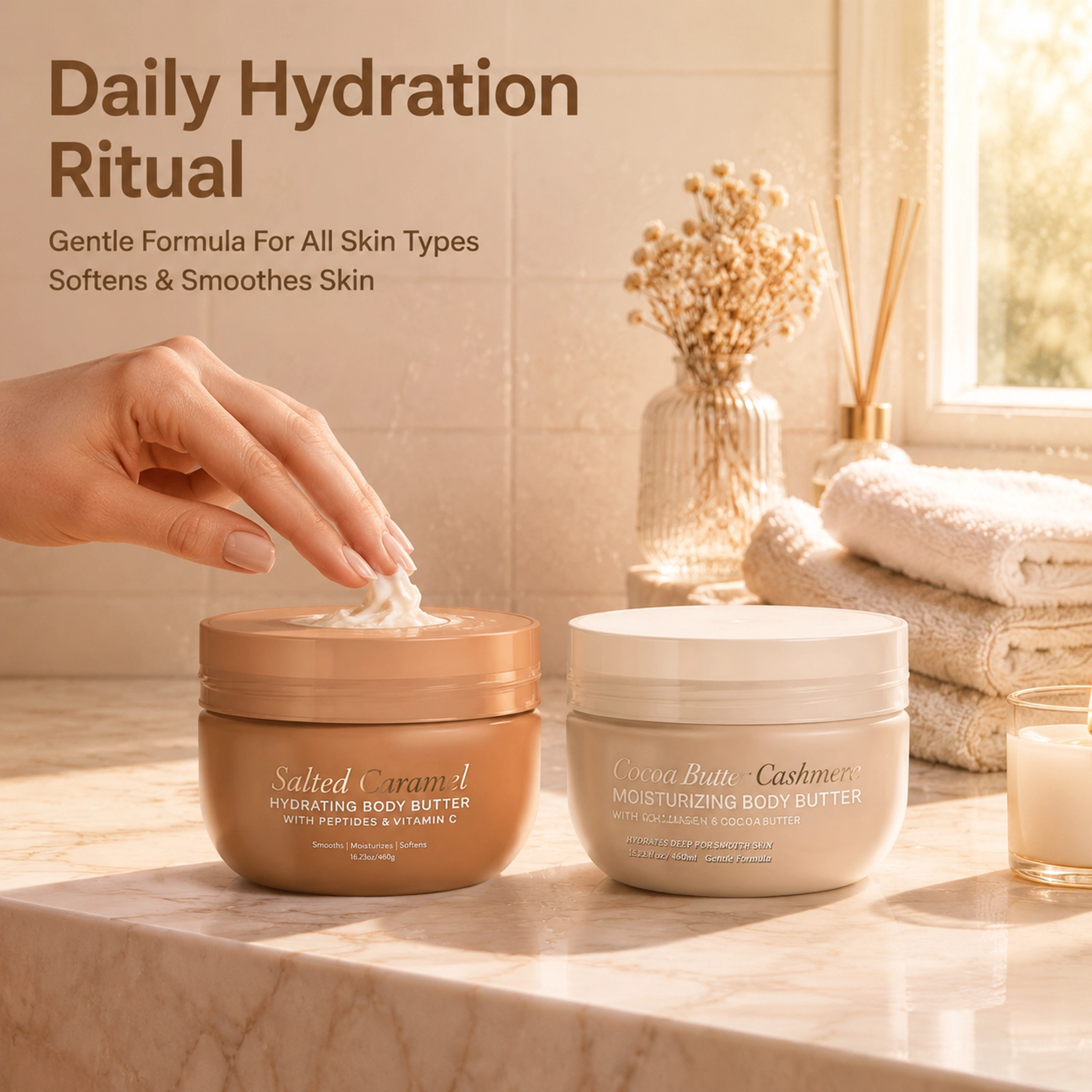 Body Butter 460g Salted Caramel & Cocoa Cashmere Hydrating Moisturizer Vitamin C Collagen Peptides Private Label Custom Logo