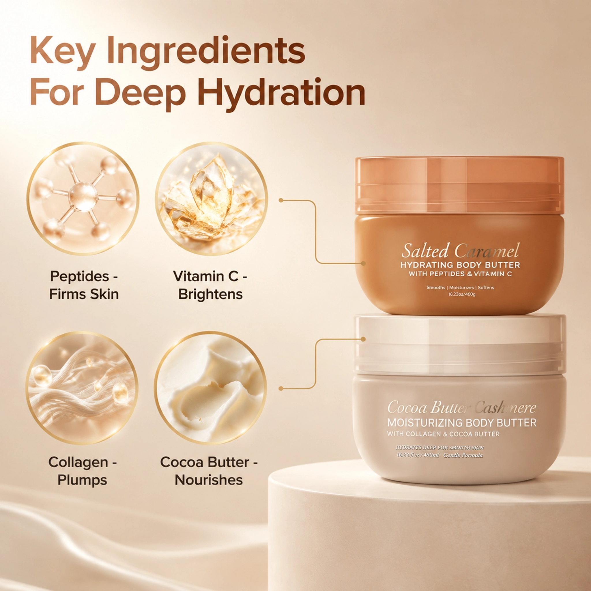 Body Butter 460g Salted Caramel & Cocoa Cashmere Hydrating Moisturizer Vitamin C Collagen Peptides Private Label Custom Logo