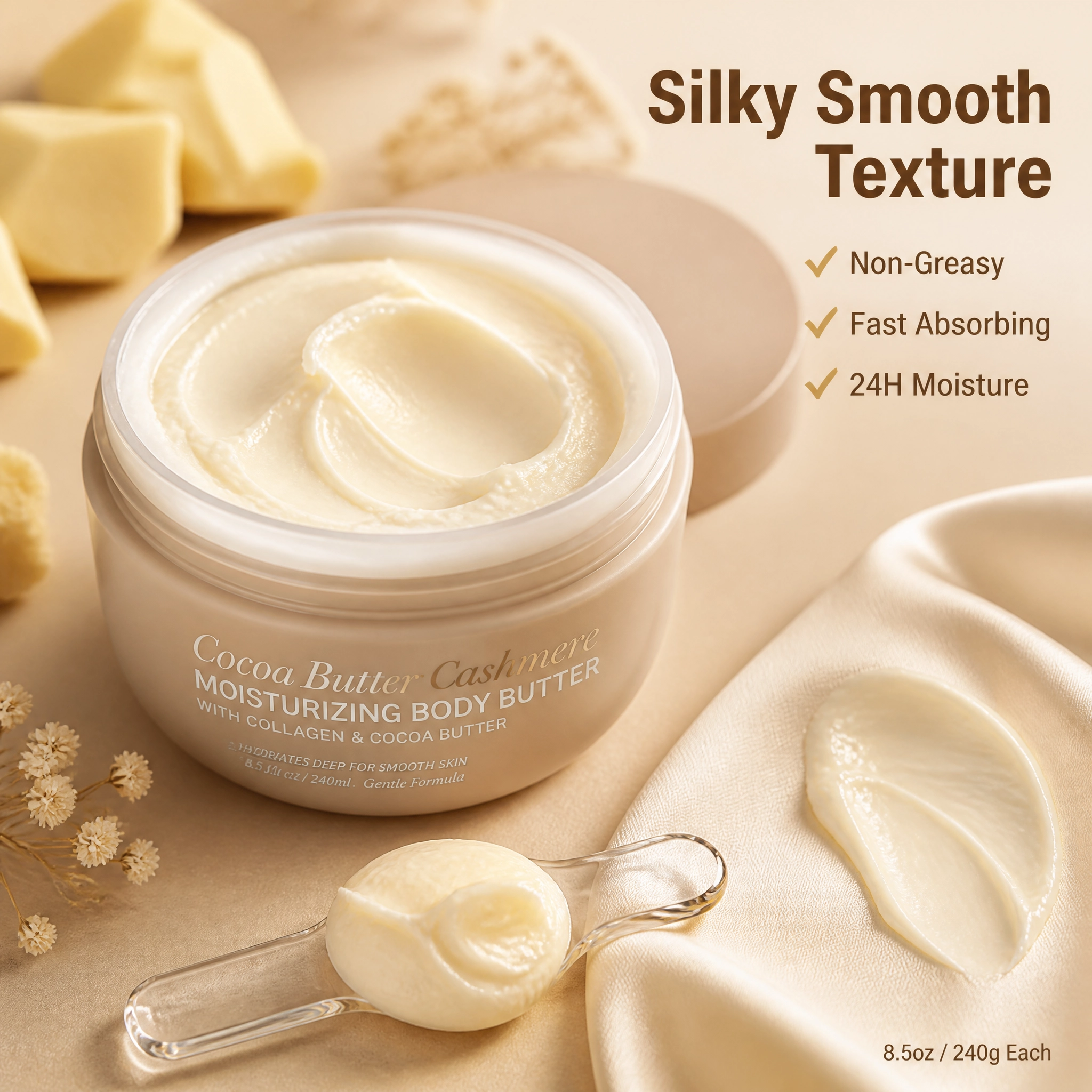 Body Butter 460g Salted Caramel & Cocoa Cashmere Hydrating Moisturizer Vitamin C Collagen Peptides Private Label Custom Logo