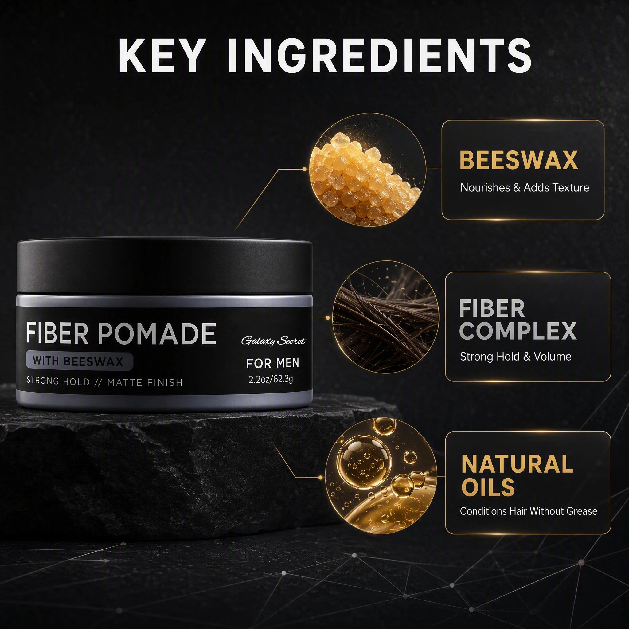 Fiber Pomade For Men 62.3g Beeswax Strong Hold Matte Finish Hair Styling For All Hair Types Private Label Galaxy Secret Logo