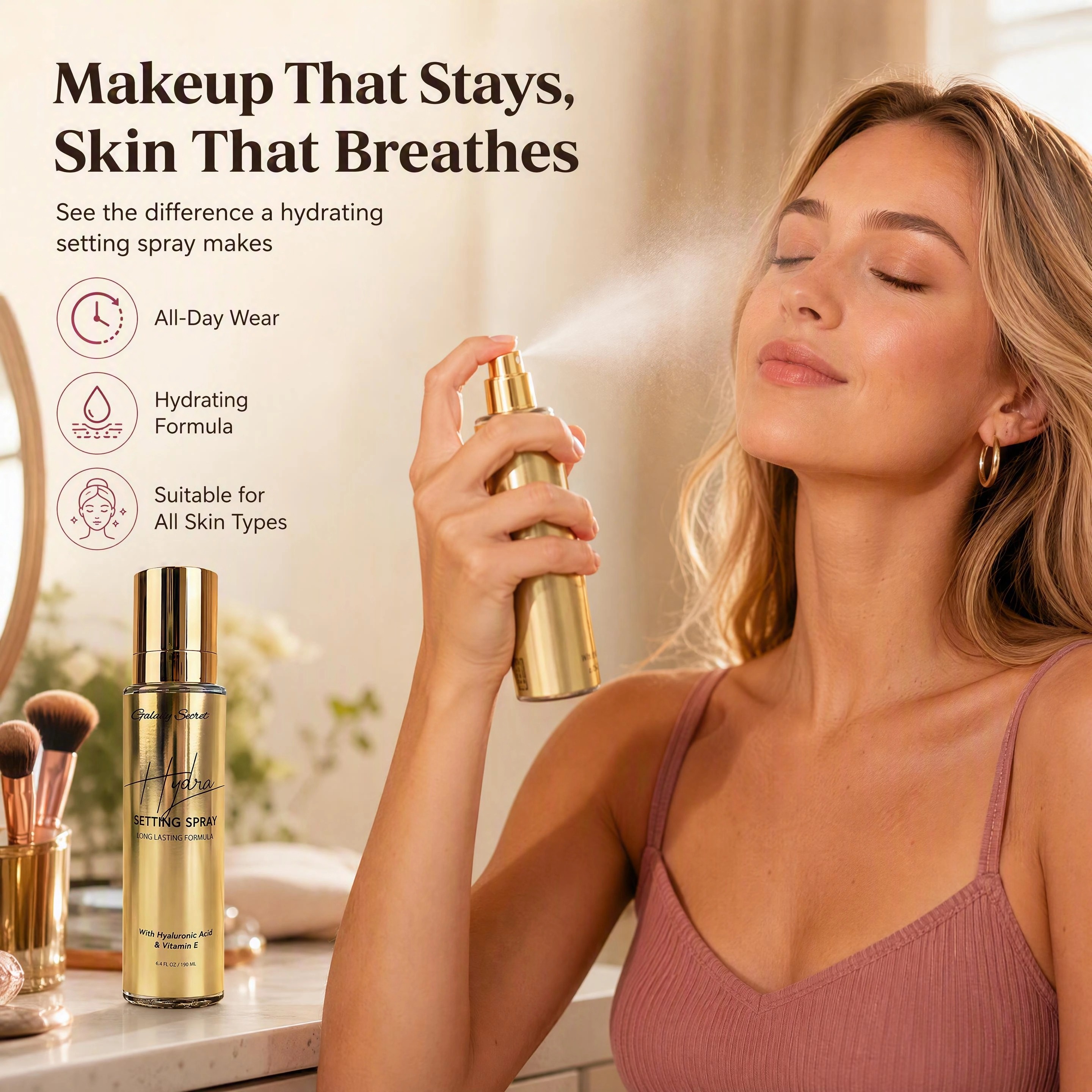 Hot Selling Oem/odm Hydra Setting Spray Hyaluronic Acid Vitamin E Long Lasting Ultra Fine Mist Hydrating Makeup Fixing Spray