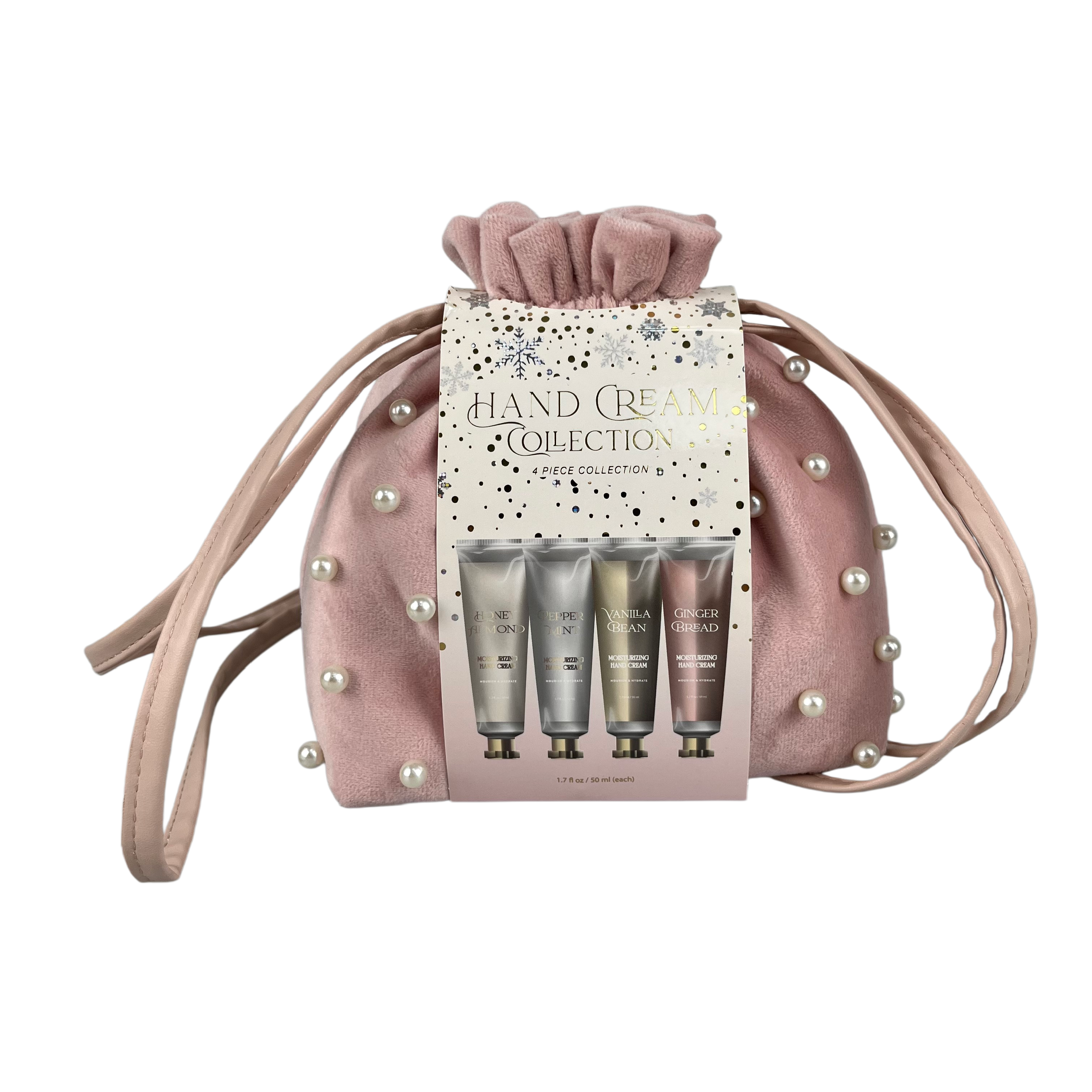 4-piece Pink Pearl Embellished Drawstring Handbag Hand Cream Gift Set - Vanilla Bean/peppermint/lemon/gingerbread Cosmetic Kit