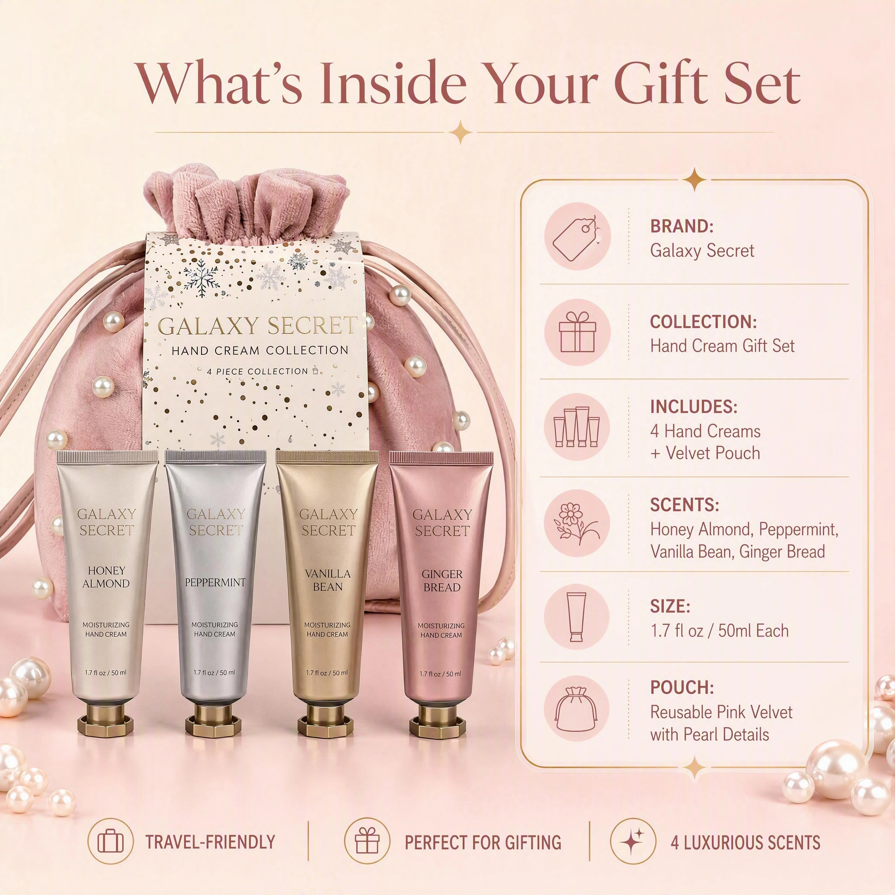 4-piece Pink Pearl Embellished Drawstring Handbag Hand Cream Gift Set - Vanilla Bean/peppermint/lemon/gingerbread Cosmetic Kit