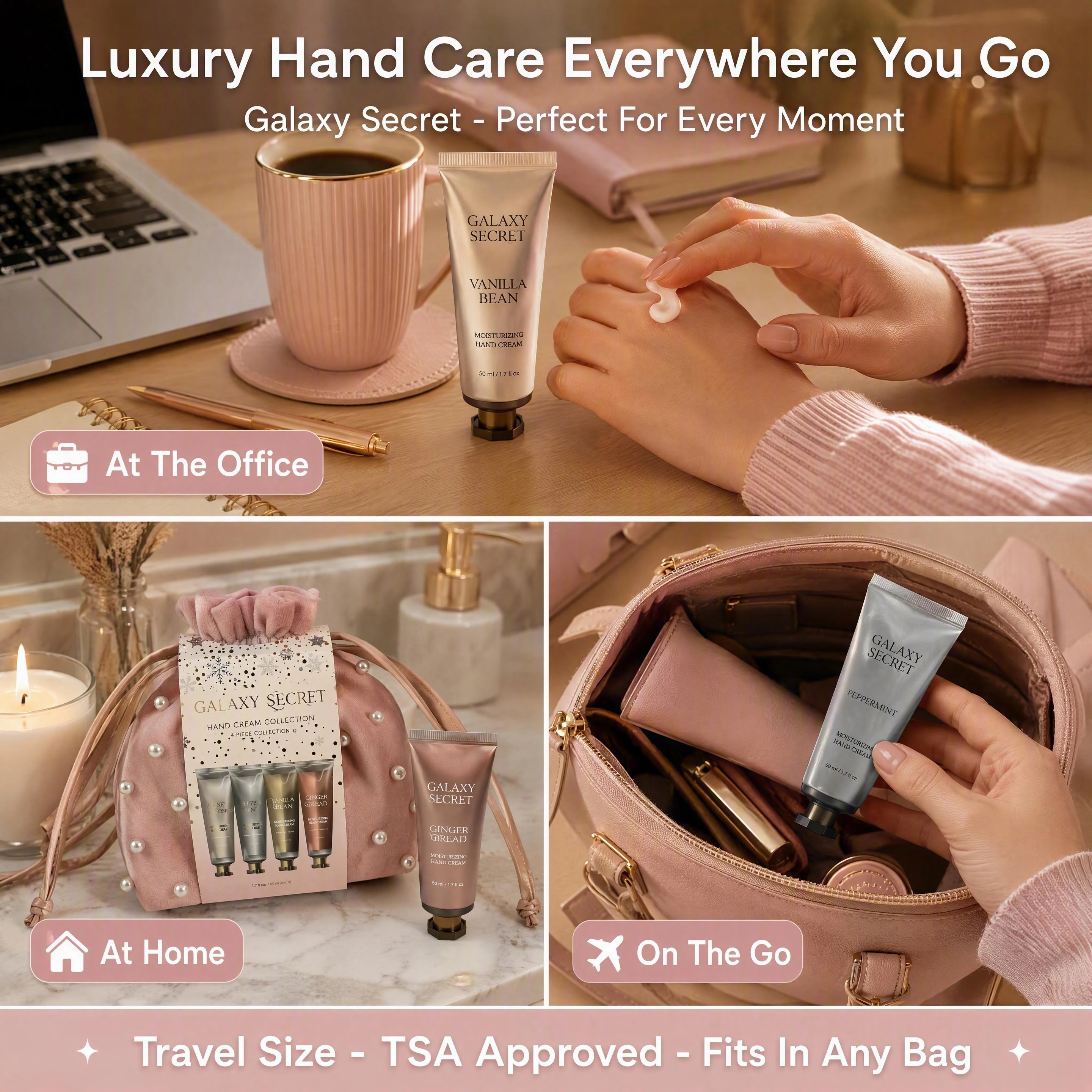 4-piece Pink Pearl Embellished Drawstring Handbag Hand Cream Gift Set - Vanilla Bean/peppermint/lemon/gingerbread Cosmetic Kit