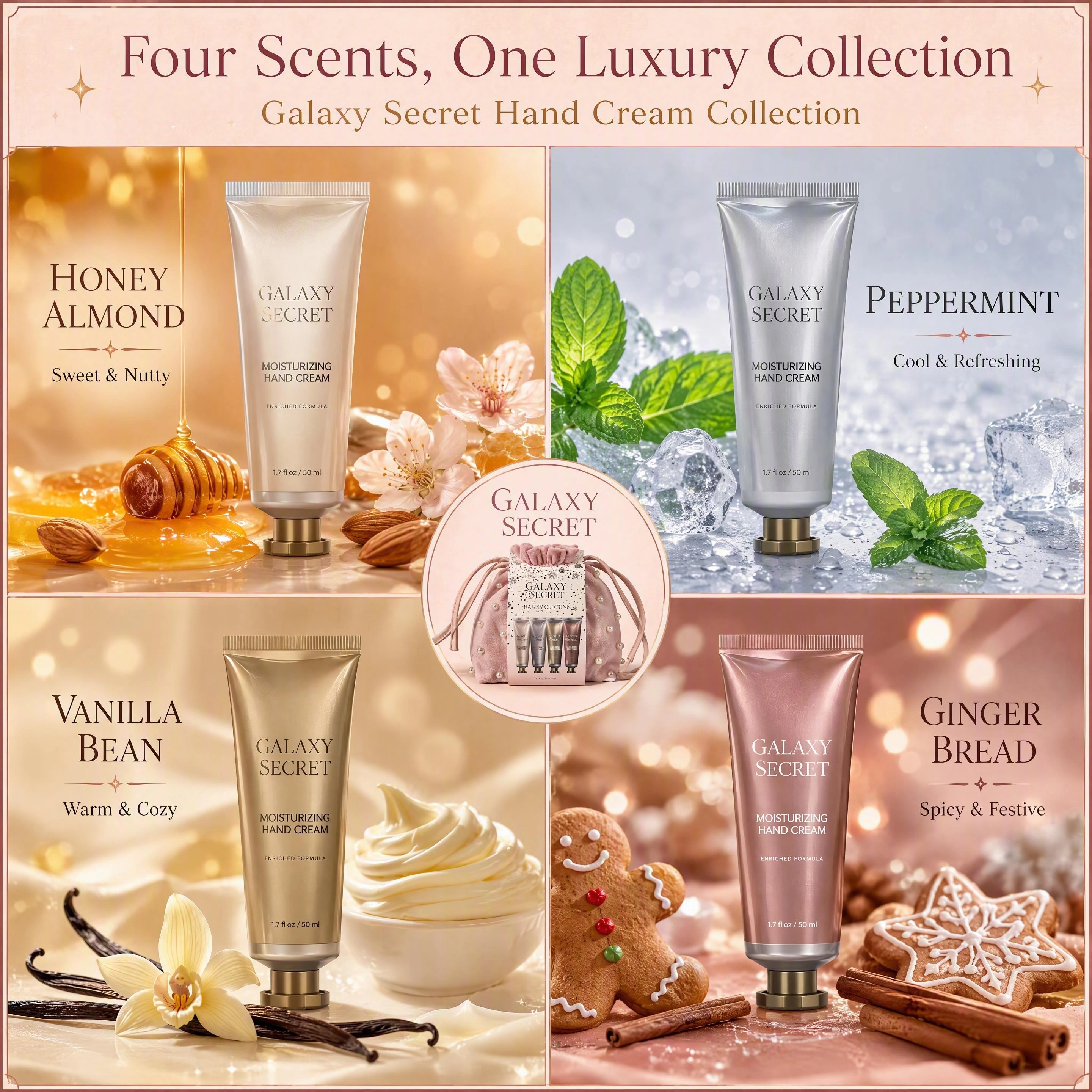 4-piece Pink Pearl Embellished Drawstring Handbag Hand Cream Gift Set - Vanilla Bean/peppermint/lemon/gingerbread Cosmetic Kit