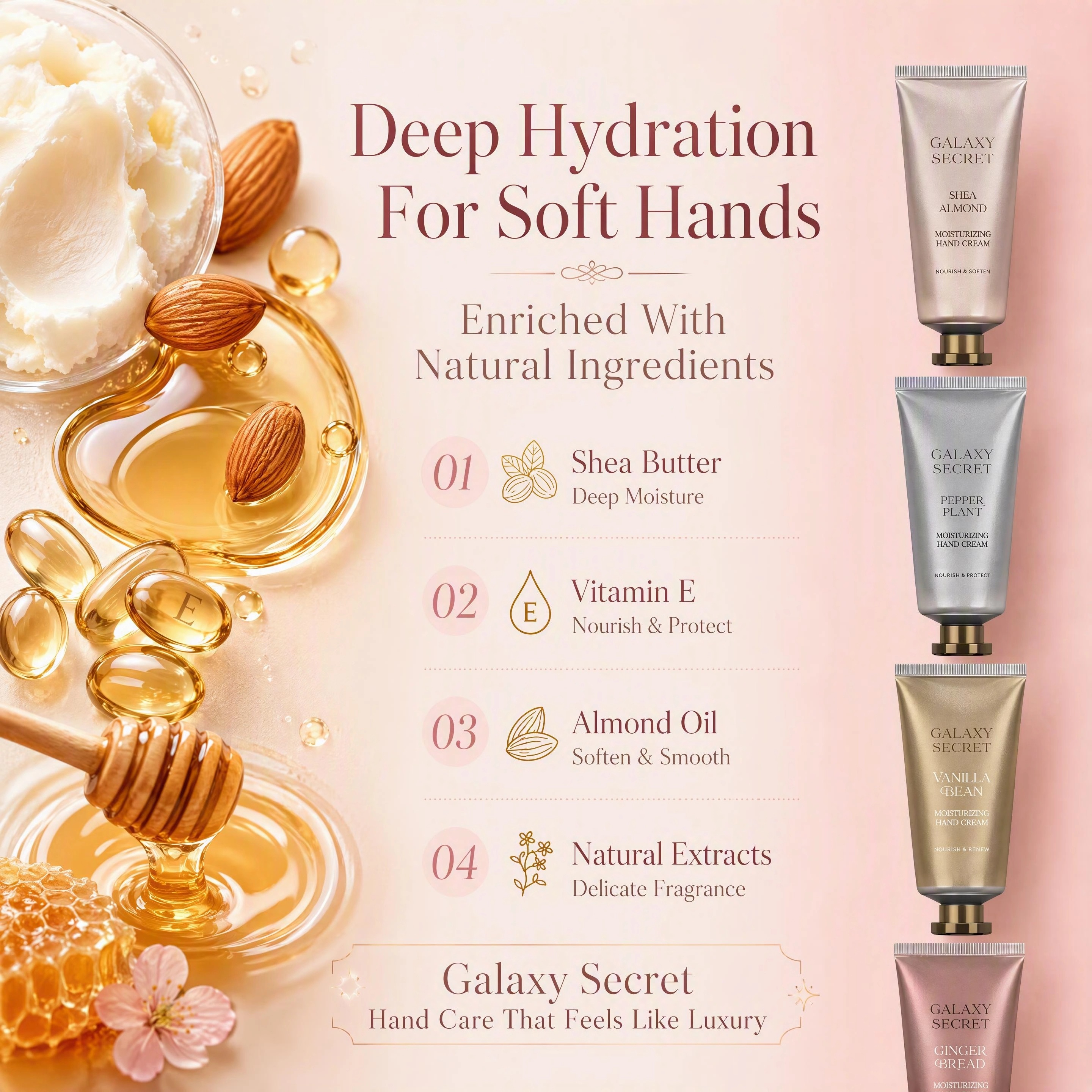 4-piece Pink Pearl Embellished Drawstring Handbag Hand Cream Gift Set - Vanilla Bean/peppermint/lemon/gingerbread Cosmetic Kit
