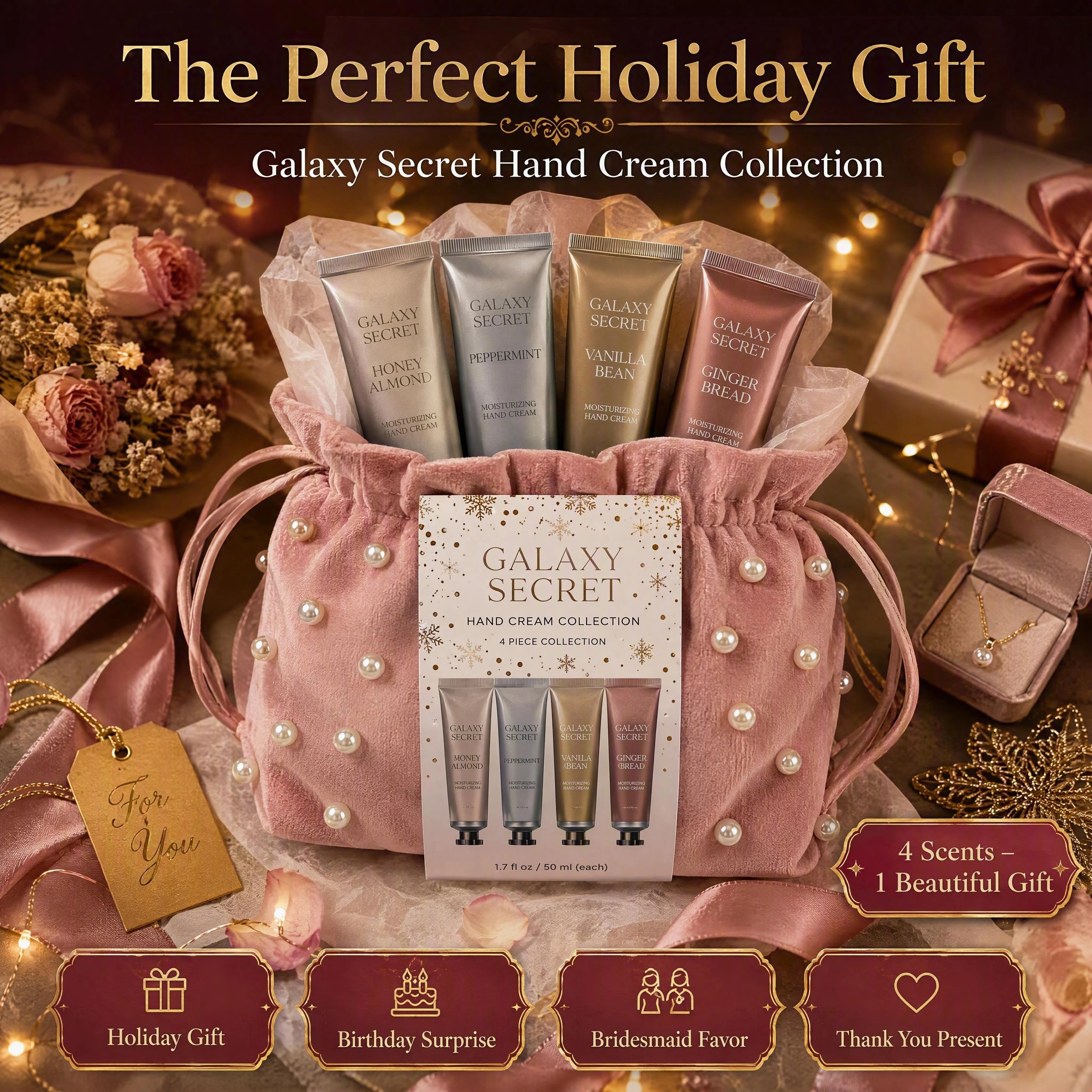 4-piece Pink Pearl Embellished Drawstring Handbag Hand Cream Gift Set - Vanilla Bean/peppermint/lemon/gingerbread Cosmetic Kit