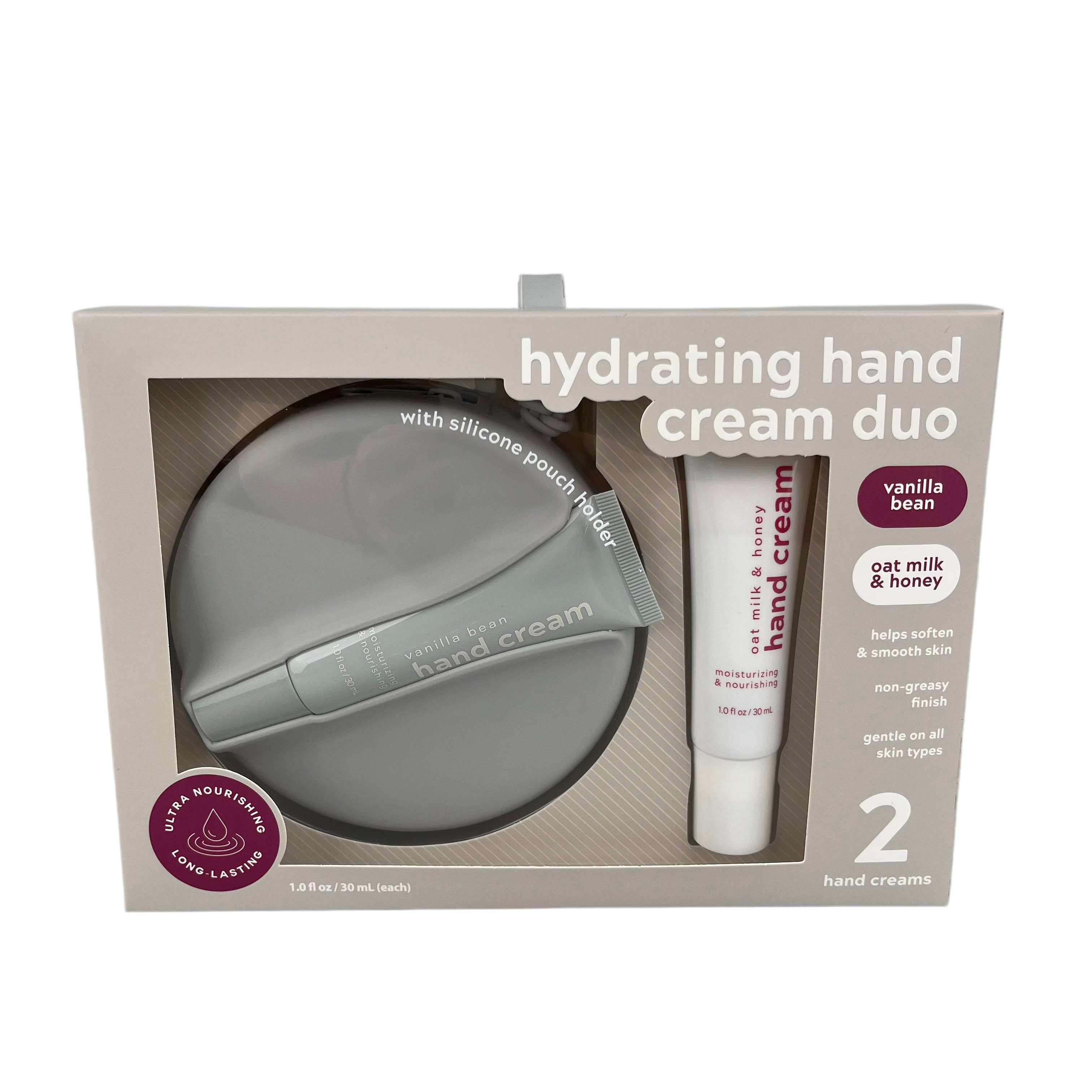 Oem 2-piece Hydrating Hand Cream Duo Set With Silicone Pouch Holder - Vanilla Bean & Oat Milk & Honey Scented