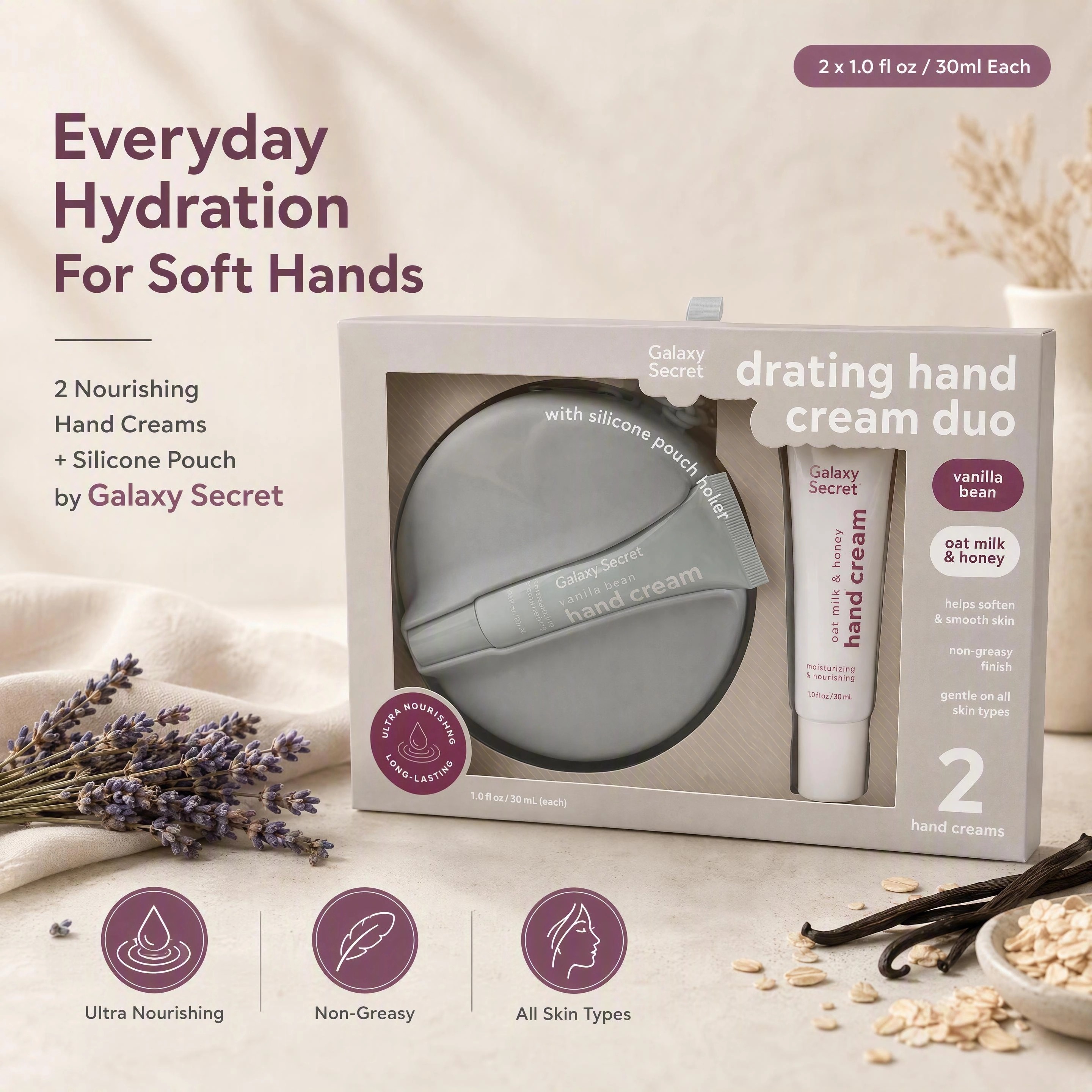 Oem 2-piece Hydrating Hand Cream Duo Set With Silicone Pouch Holder - Vanilla Bean & Oat Milk & Honey Scented