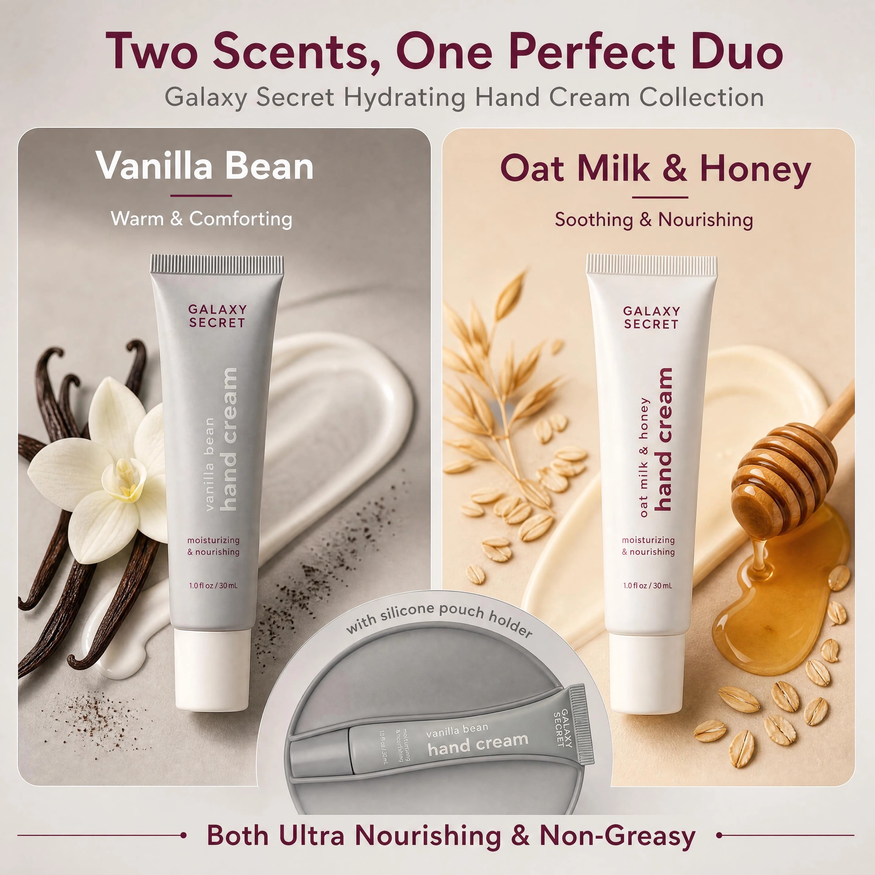 Oem 2-piece Hydrating Hand Cream Duo Set With Silicone Pouch Holder - Vanilla Bean & Oat Milk & Honey Scented