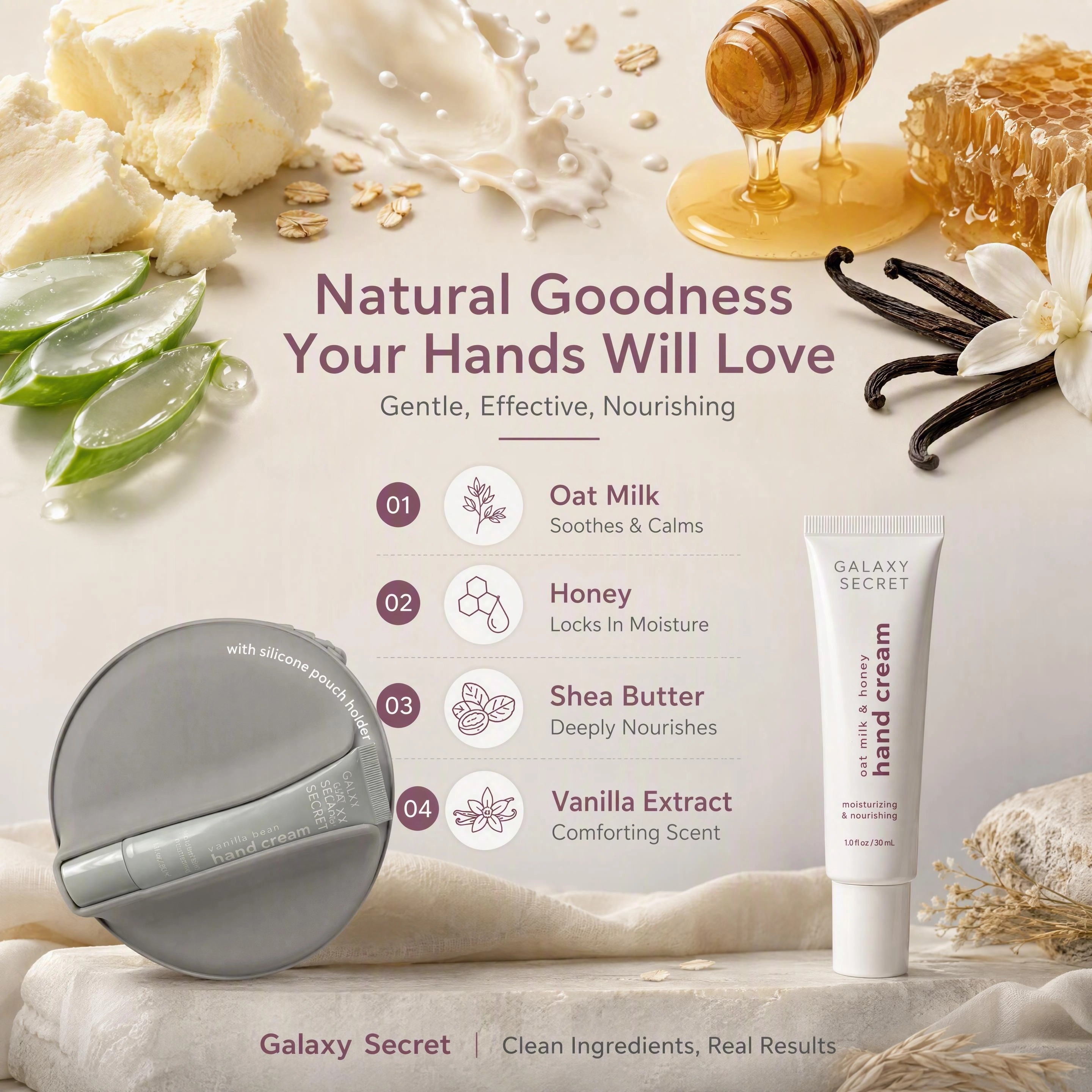 Oem 2-piece Hydrating Hand Cream Duo Set With Silicone Pouch Holder - Vanilla Bean & Oat Milk & Honey Scented