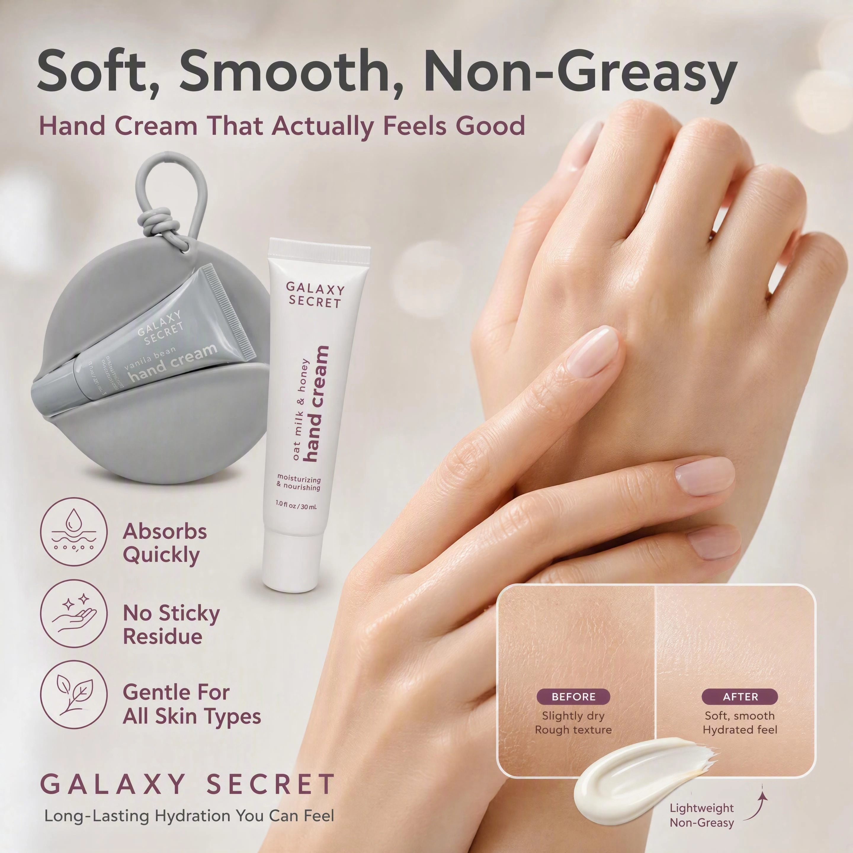 Oem 2-piece Hydrating Hand Cream Duo Set With Silicone Pouch Holder - Vanilla Bean & Oat Milk & Honey Scented