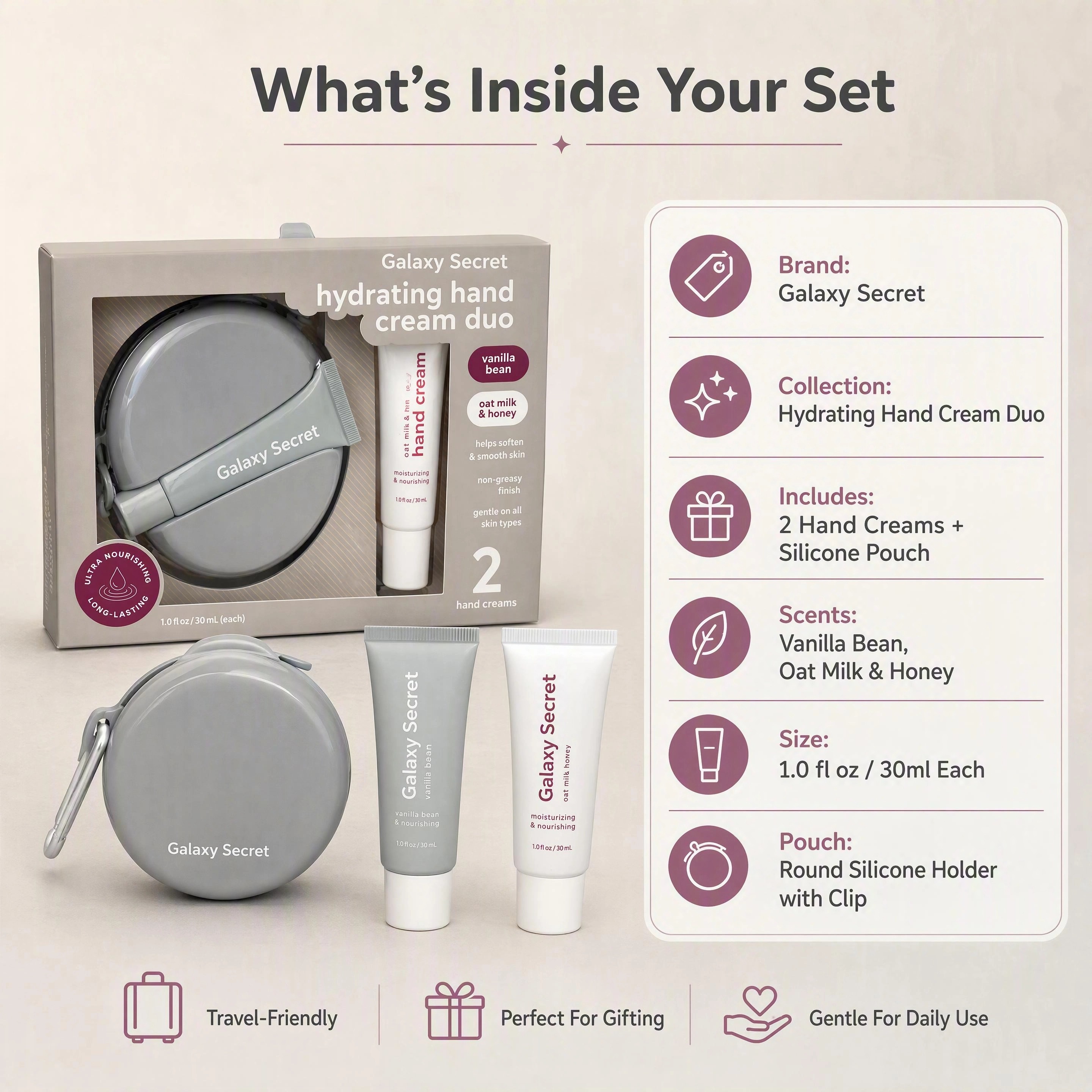Oem 2-piece Hydrating Hand Cream Duo Set With Silicone Pouch Holder - Vanilla Bean & Oat Milk & Honey Scented