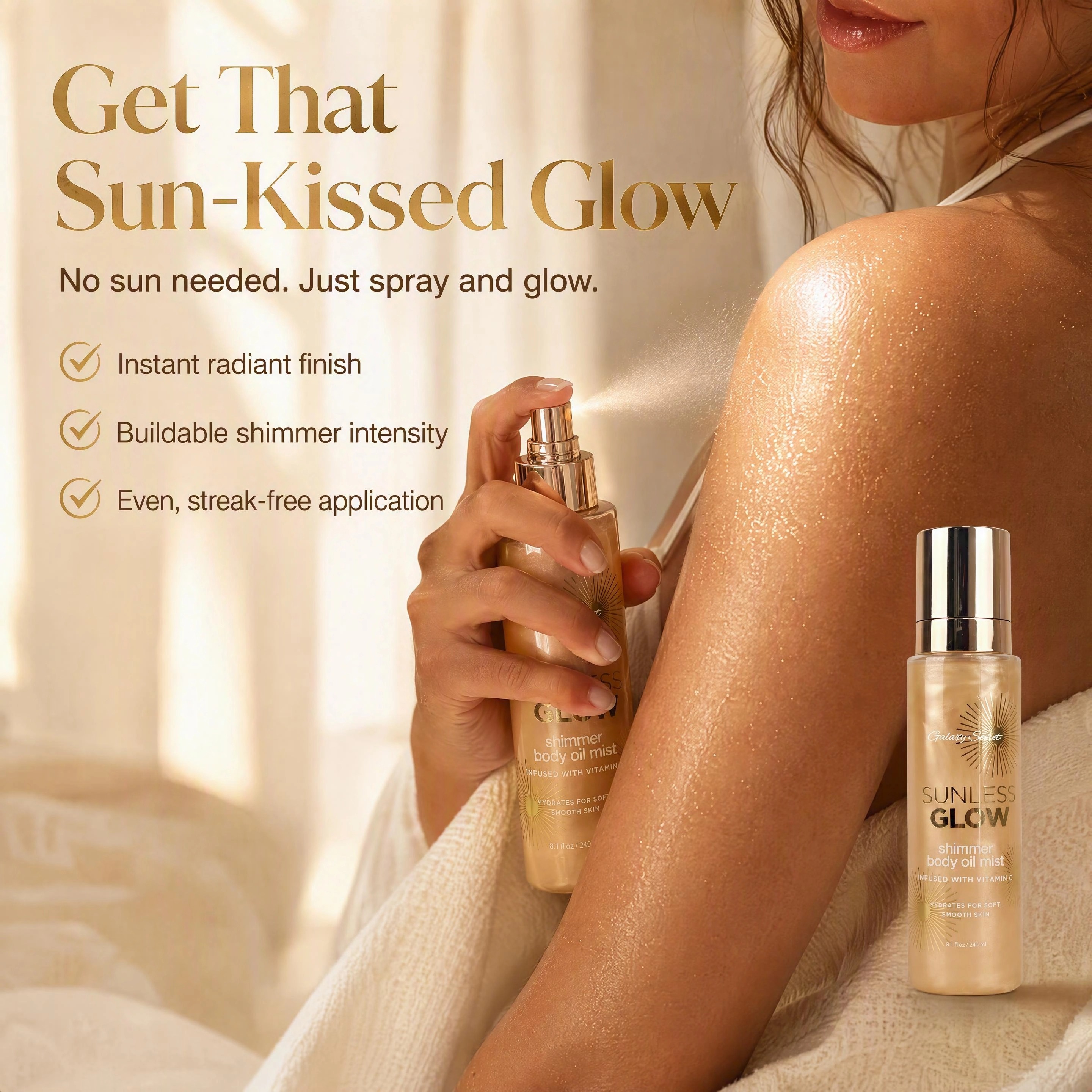 Oem/odm Customizable Sunless Glow Shimmer Body Oil Mist Infused Vitamin C Hydrating For Soft Smooth Skin Body Shimmer Mist Spray
