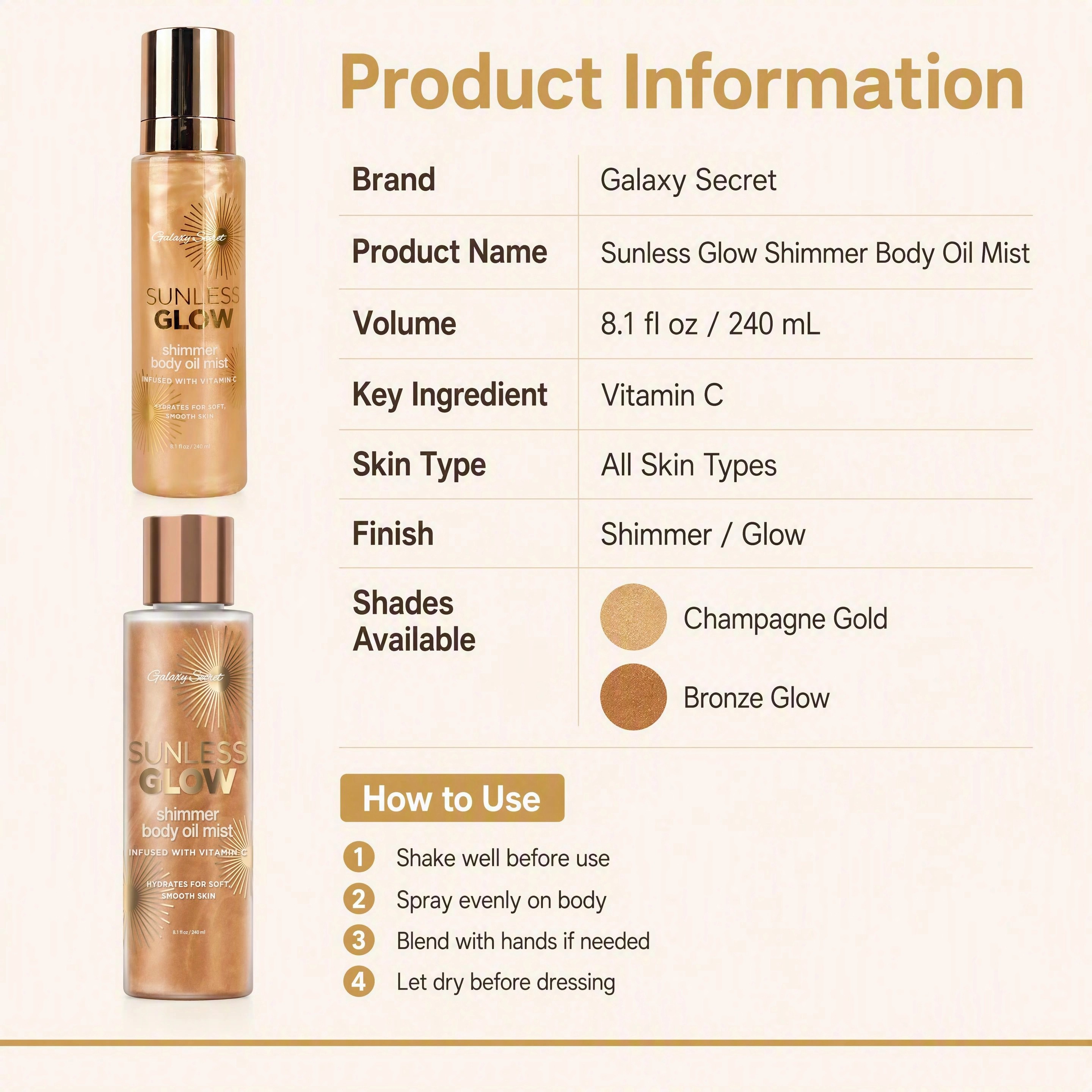Oem/odm Customizable Sunless Glow Shimmer Body Oil Mist Infused Vitamin C Hydrating For Soft Smooth Skin Body Shimmer Mist Spray