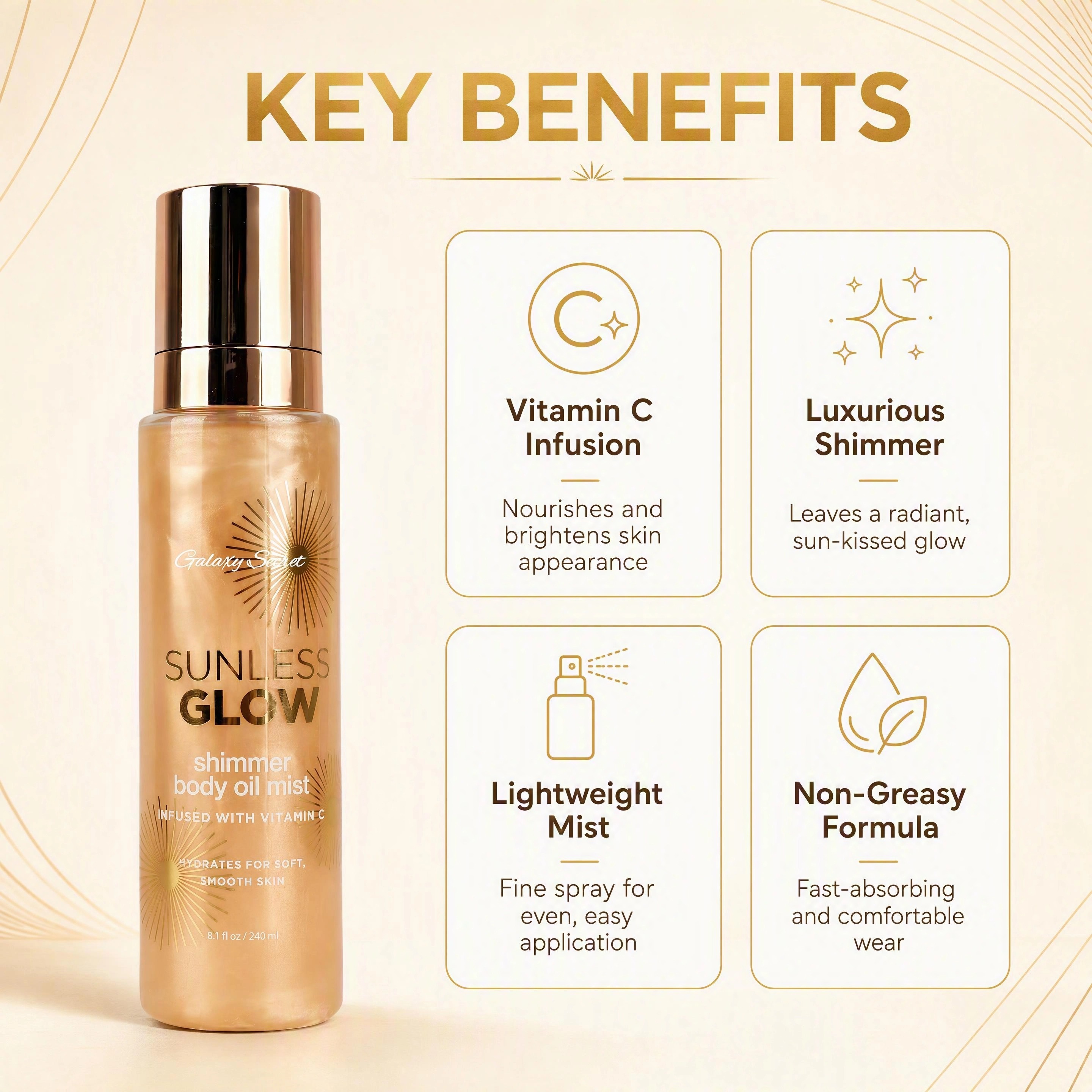 Oem/odm Customizable Sunless Glow Shimmer Body Oil Mist Infused Vitamin C Hydrating For Soft Smooth Skin Body Shimmer Mist Spray
