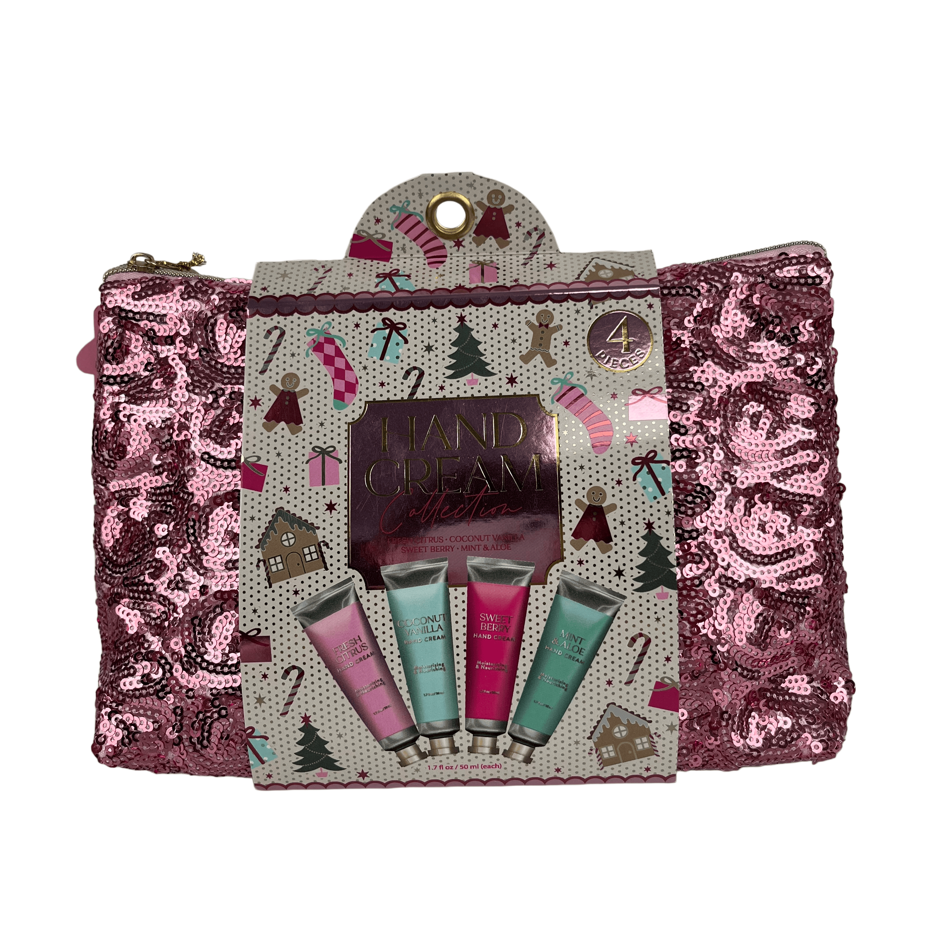 4-piece Pink Sequin Embellished Hand Cream Gift Set - Vanilla Bean/sweet Berry/mint/coconut Scented Christmas Cosmetic Kit