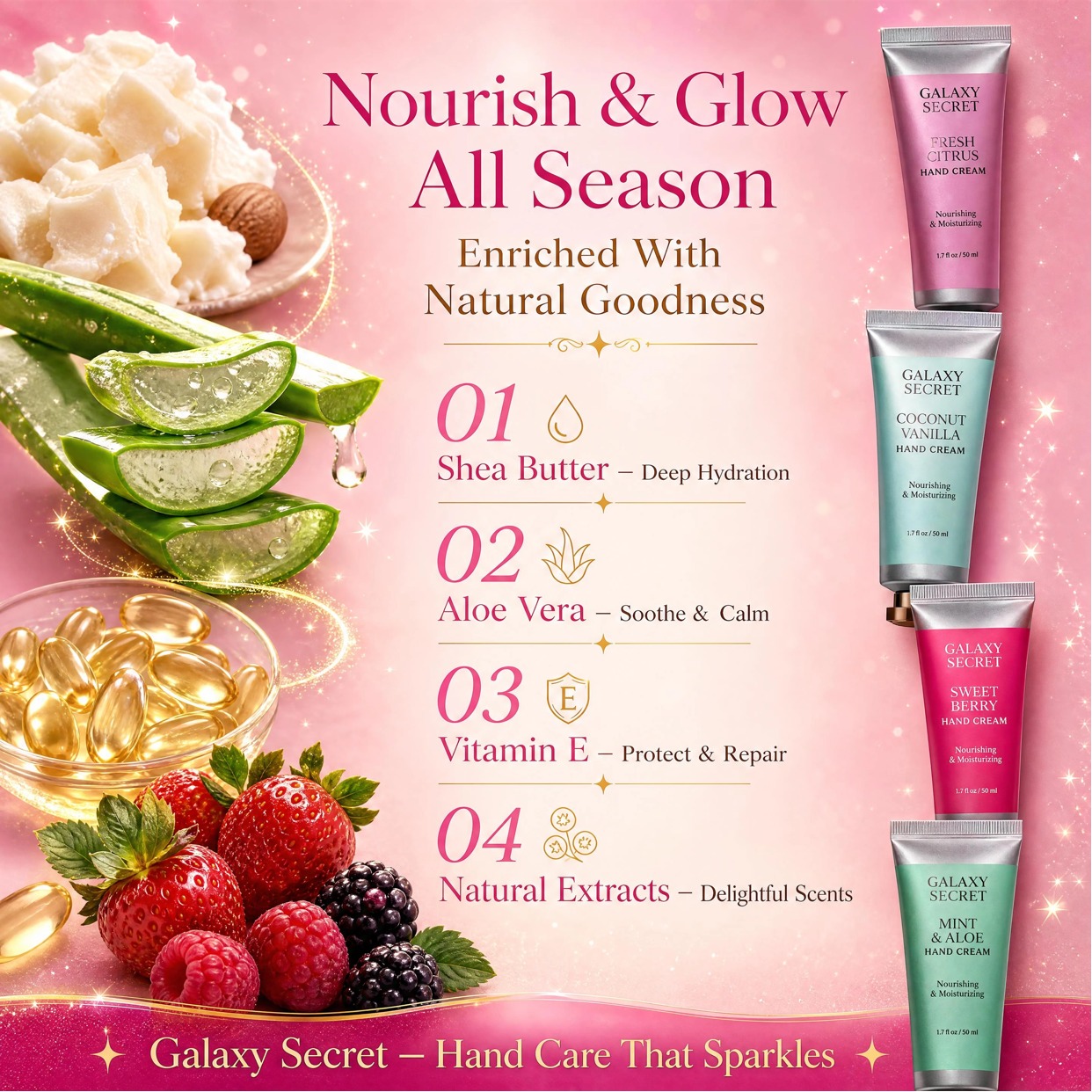4-piece Pink Sequin Embellished Hand Cream Gift Set - Vanilla Bean/sweet Berry/mint/coconut Scented Christmas Cosmetic Kit