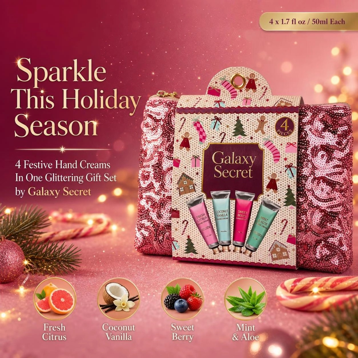 4-piece Pink Sequin Embellished Hand Cream Gift Set - Vanilla Bean/sweet Berry/mint/coconut Scented Christmas Cosmetic Kit