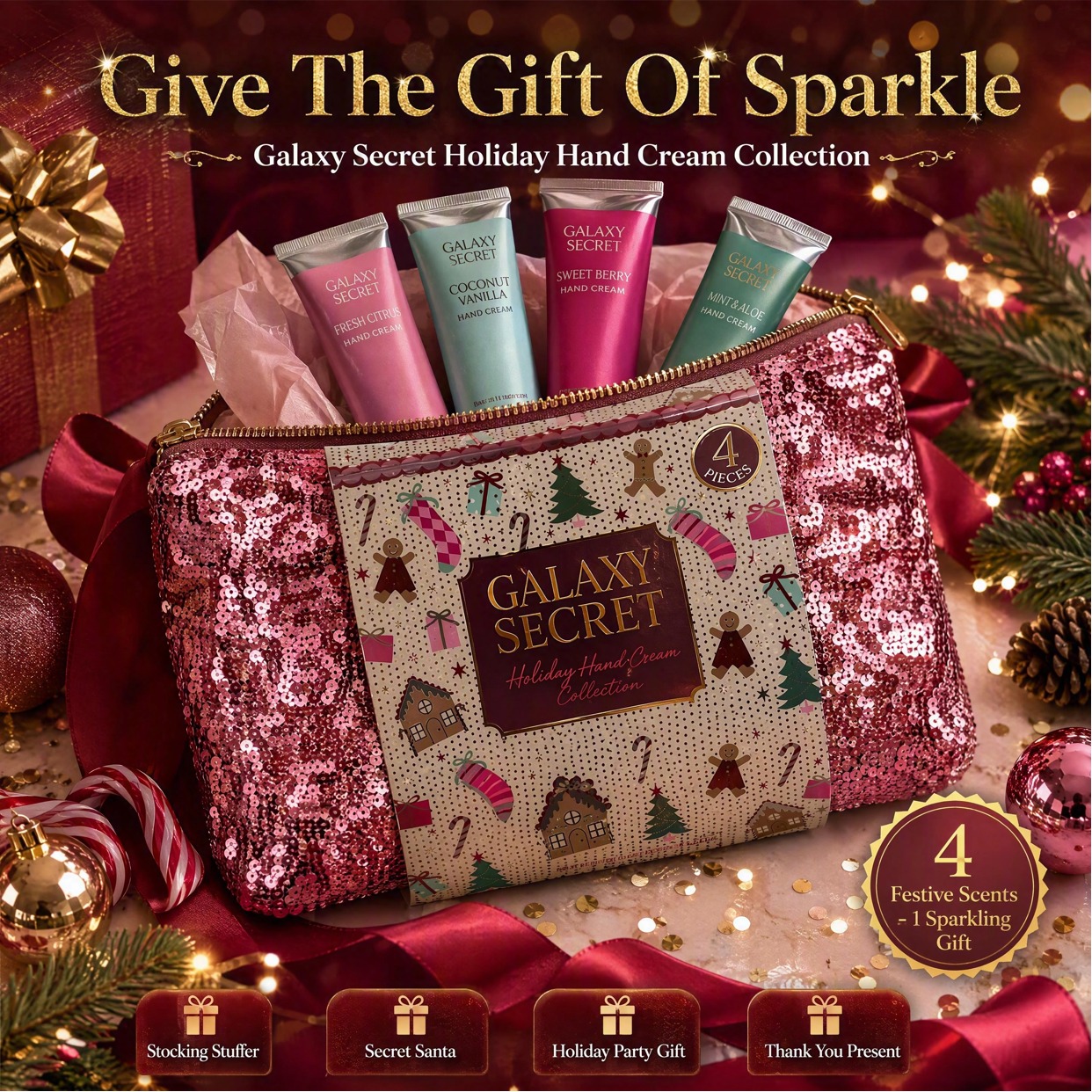 4-piece Pink Sequin Embellished Hand Cream Gift Set - Vanilla Bean/sweet Berry/mint/coconut Scented Christmas Cosmetic Kit