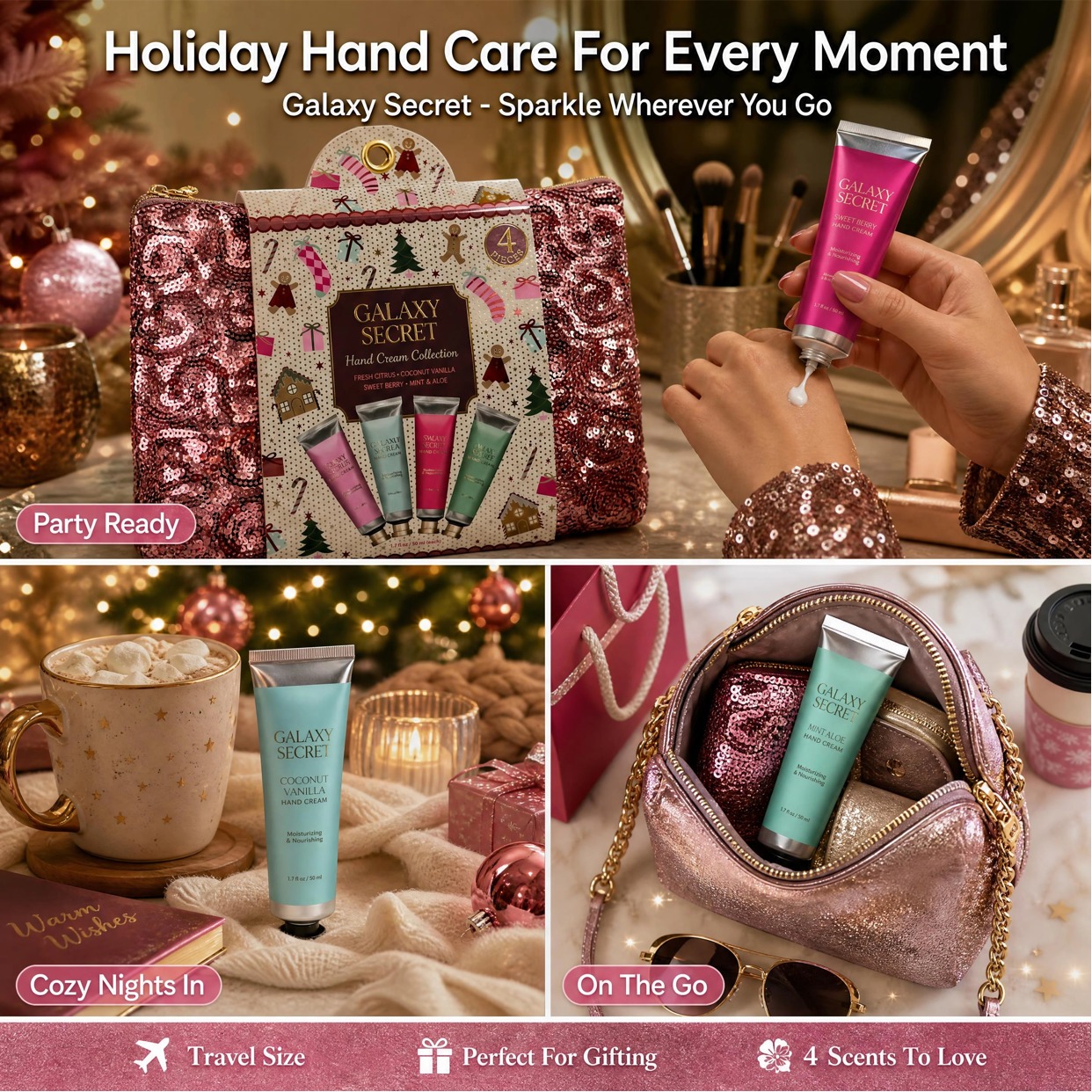 4-piece Pink Sequin Embellished Hand Cream Gift Set - Vanilla Bean/sweet Berry/mint/coconut Scented Christmas Cosmetic Kit