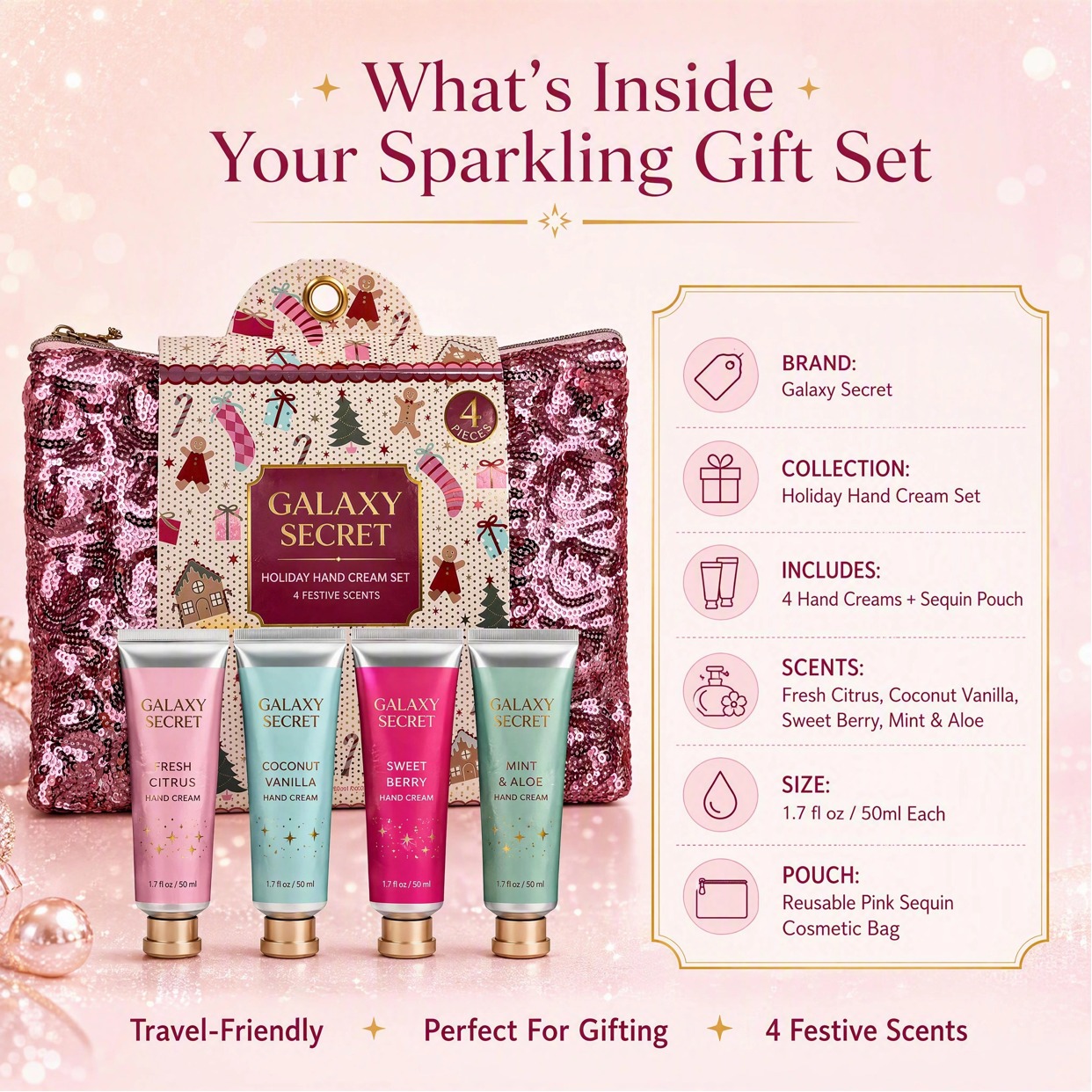 4-piece Pink Sequin Embellished Hand Cream Gift Set - Vanilla Bean/sweet Berry/mint/coconut Scented Christmas Cosmetic Kit
