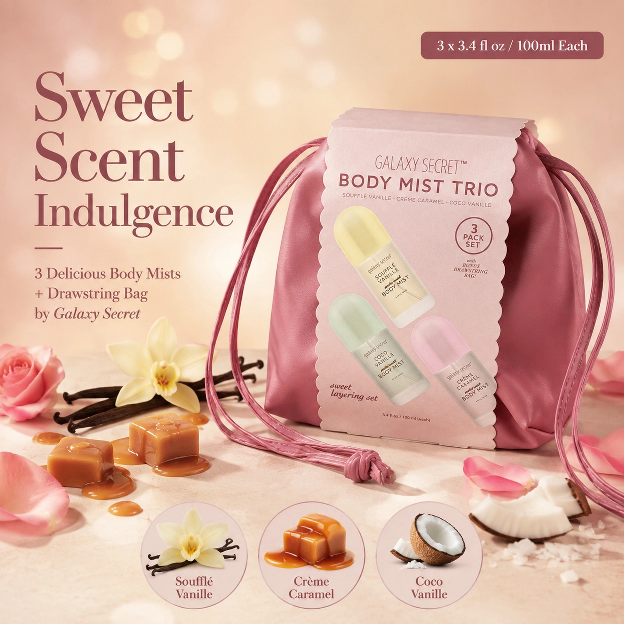 Oem Odm3-piece Pink Satin Drawstring Handbag Body Mist Trio Set - Beauty Intuition Scented - Elegant Gift Collection