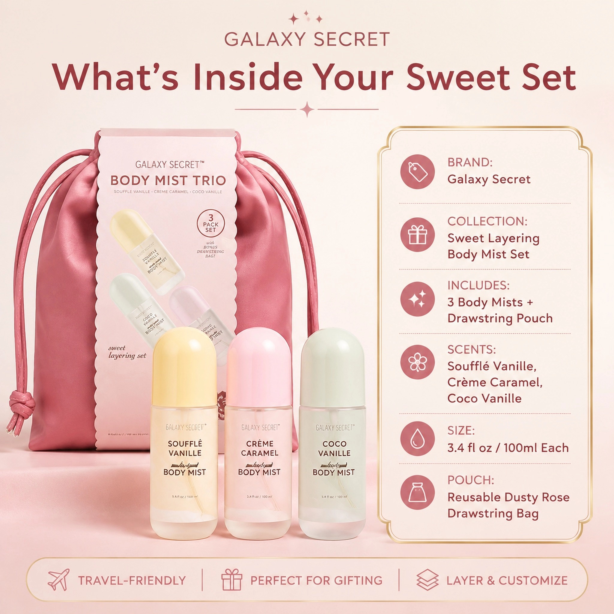 Oem Odm3-piece Pink Satin Drawstring Handbag Body Mist Trio Set - Beauty Intuition Scented - Elegant Gift Collection