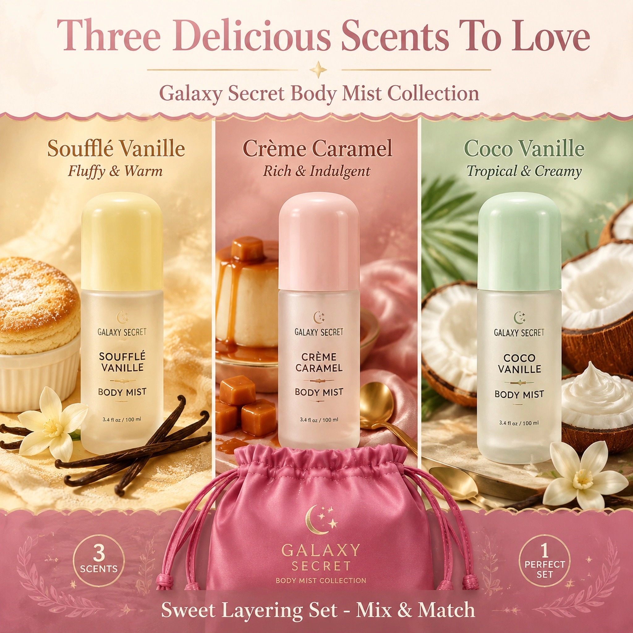 Oem Odm3-piece Pink Satin Drawstring Handbag Body Mist Trio Set - Beauty Intuition Scented - Elegant Gift Collection