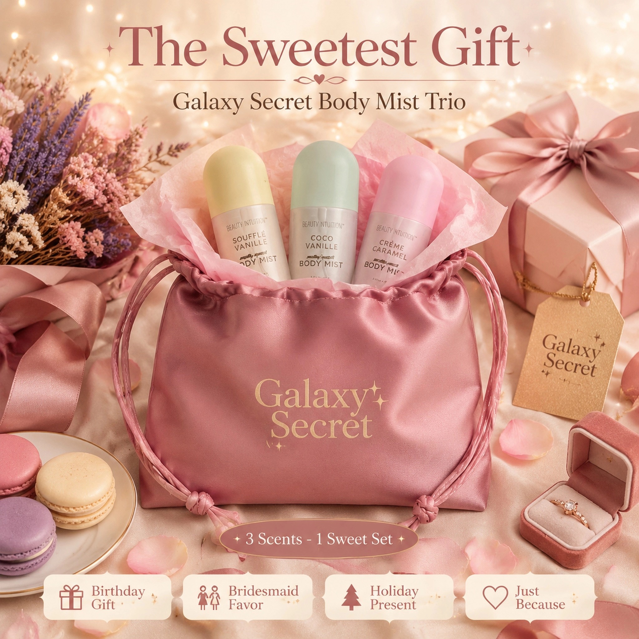 Oem Odm3-piece Pink Satin Drawstring Handbag Body Mist Trio Set - Beauty Intuition Scented - Elegant Gift Collection
