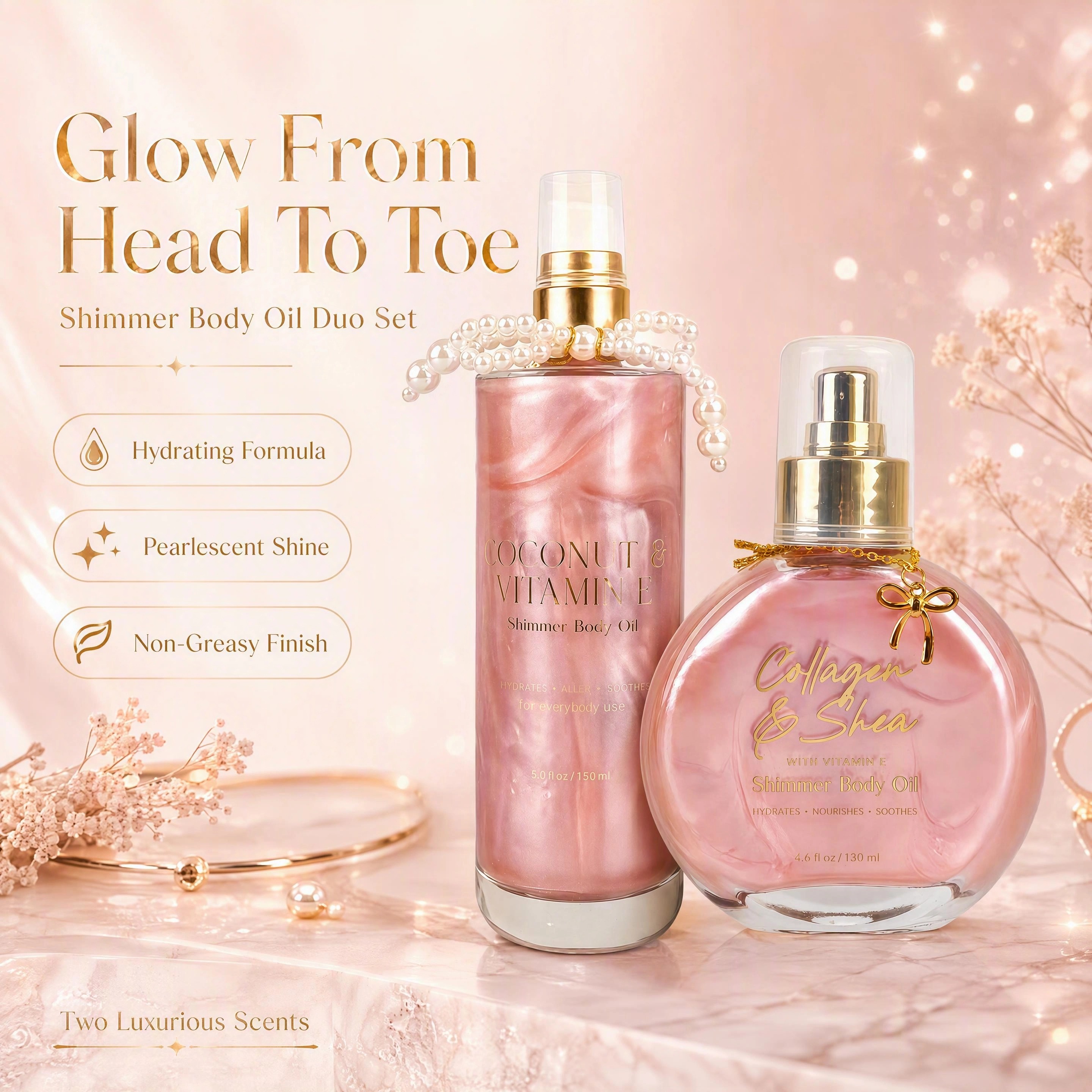 Oem/odm Shimmer Body Oil Duo With Coconut Vitamin E & Collagen Shea Pearlescent Glow Hydrating Non Greasy Shimmer Body Oil