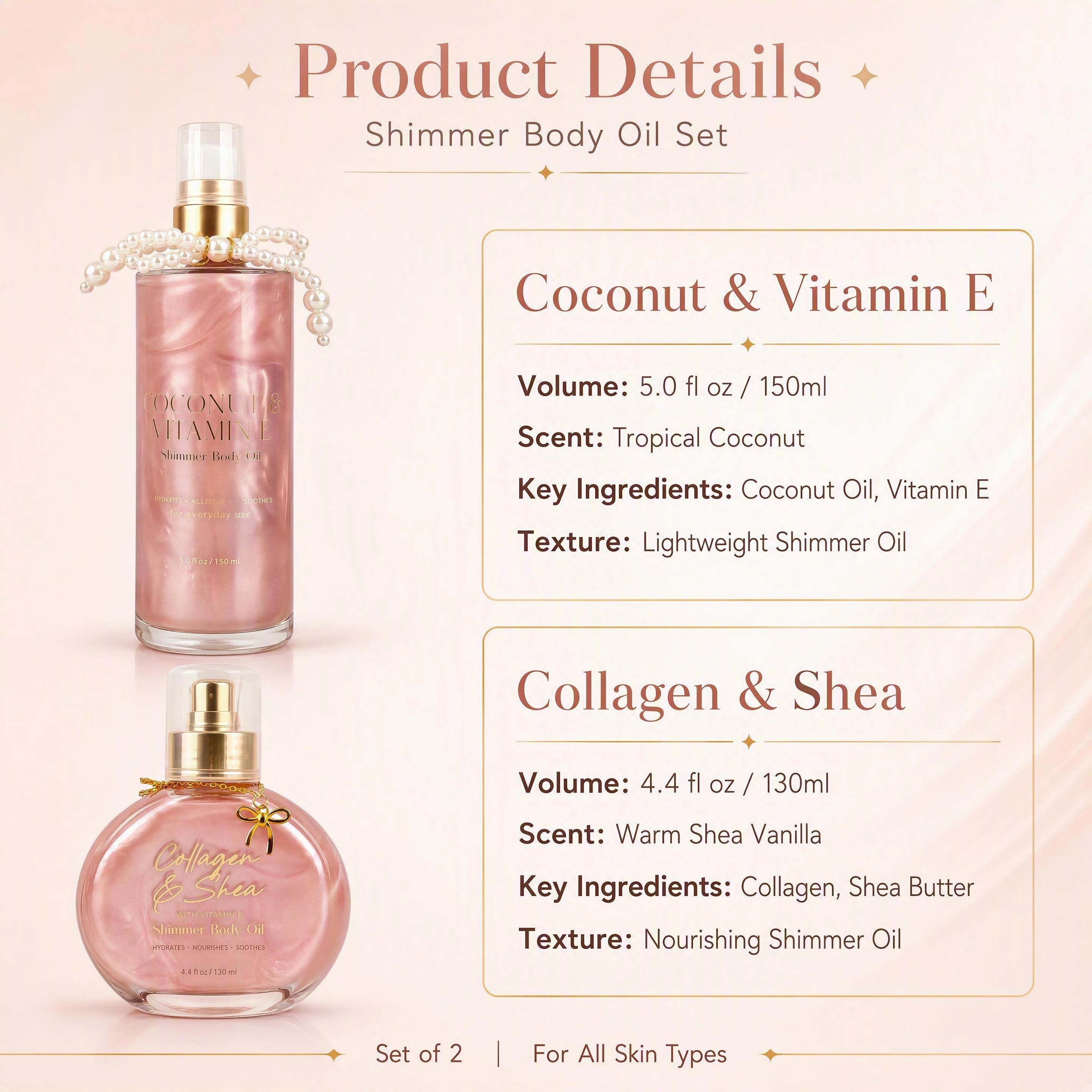 Oem/odm Shimmer Body Oil Duo With Coconut Vitamin E & Collagen Shea Pearlescent Glow Hydrating Non Greasy Shimmer Body Oil