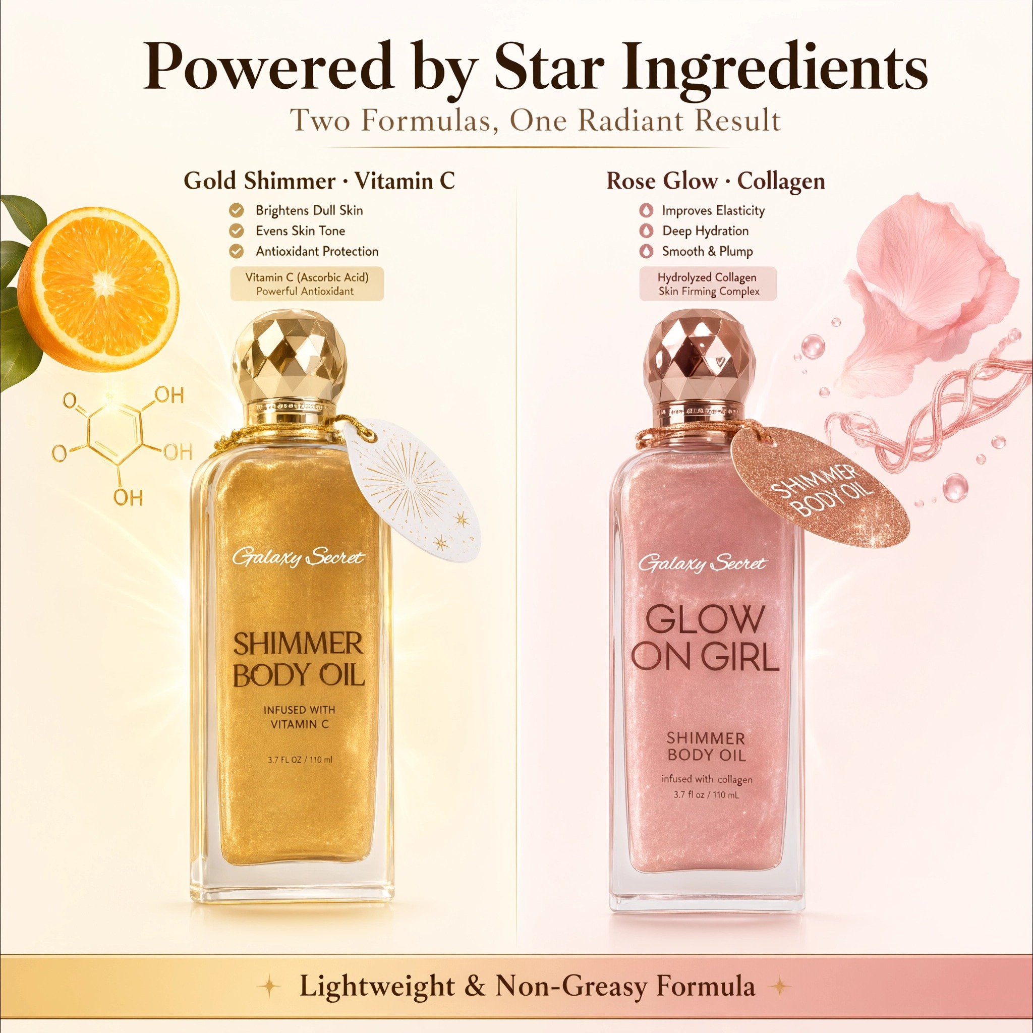 Hot Selling Shimmer Body Oil Set Vitamin C & Collagen Infused Instant Glow Hydrating Long Lasting Moisturize Shimmer Body Oil